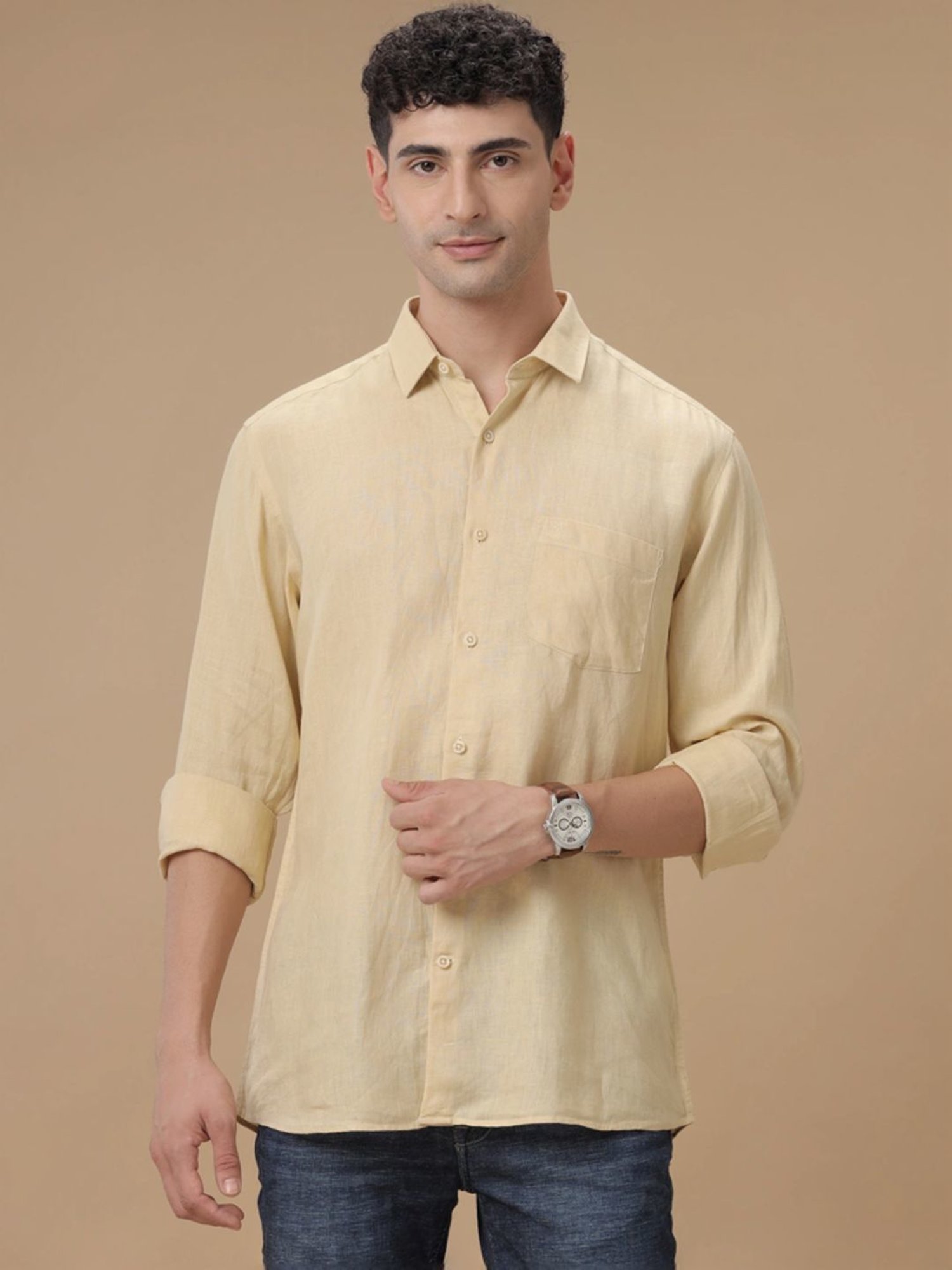 Linen Club Yellow Linen Contemporary Fit Shirt