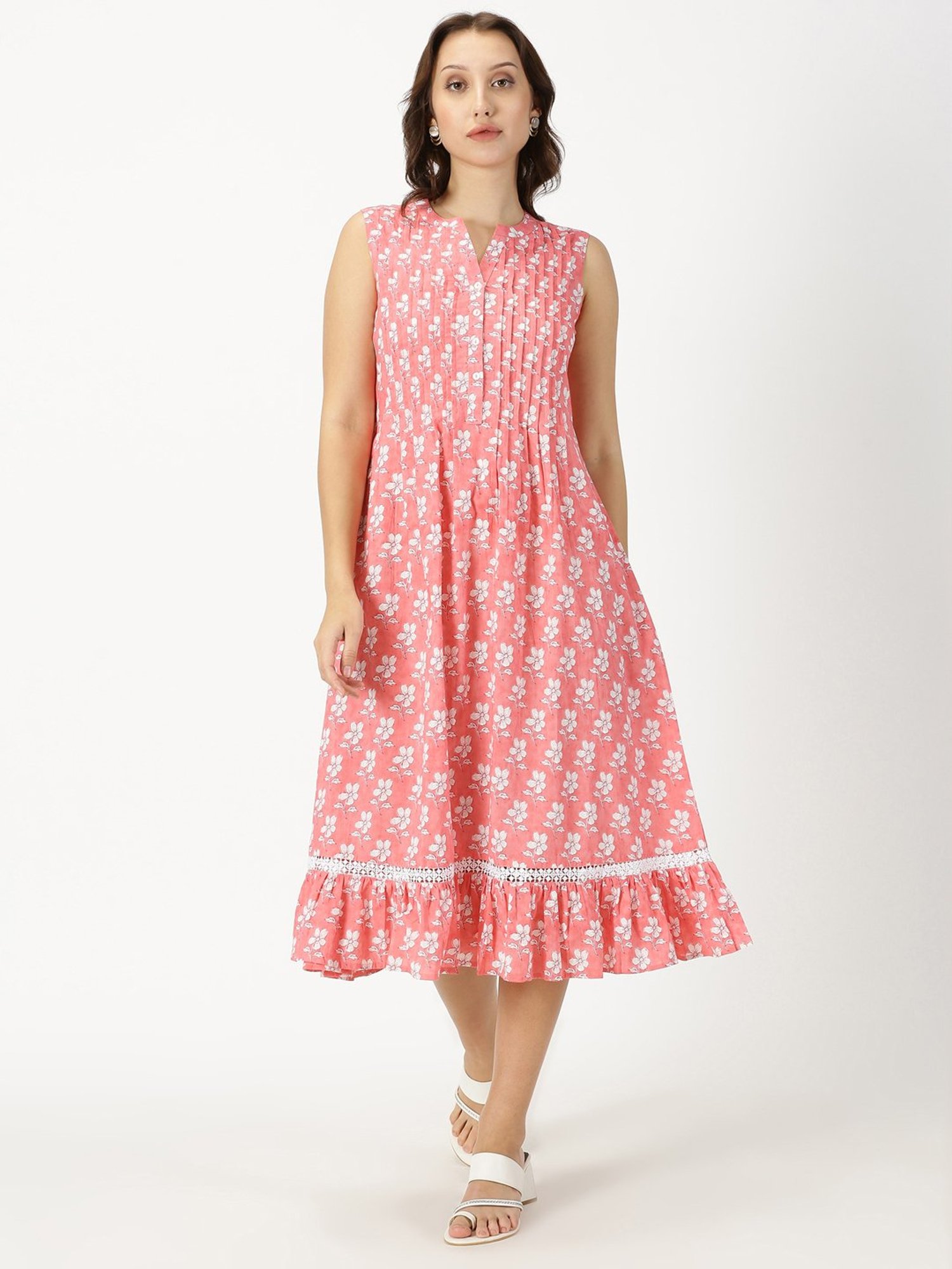 Saffron Threads Coral Cotton Floral Print Ethnic Dress