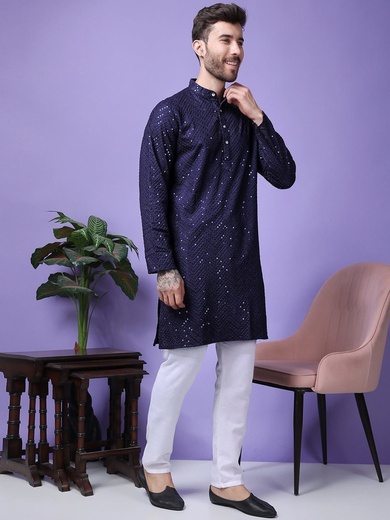 Hangup Navy Blue & White Regular Fit Embellished Kurta Bottom Set