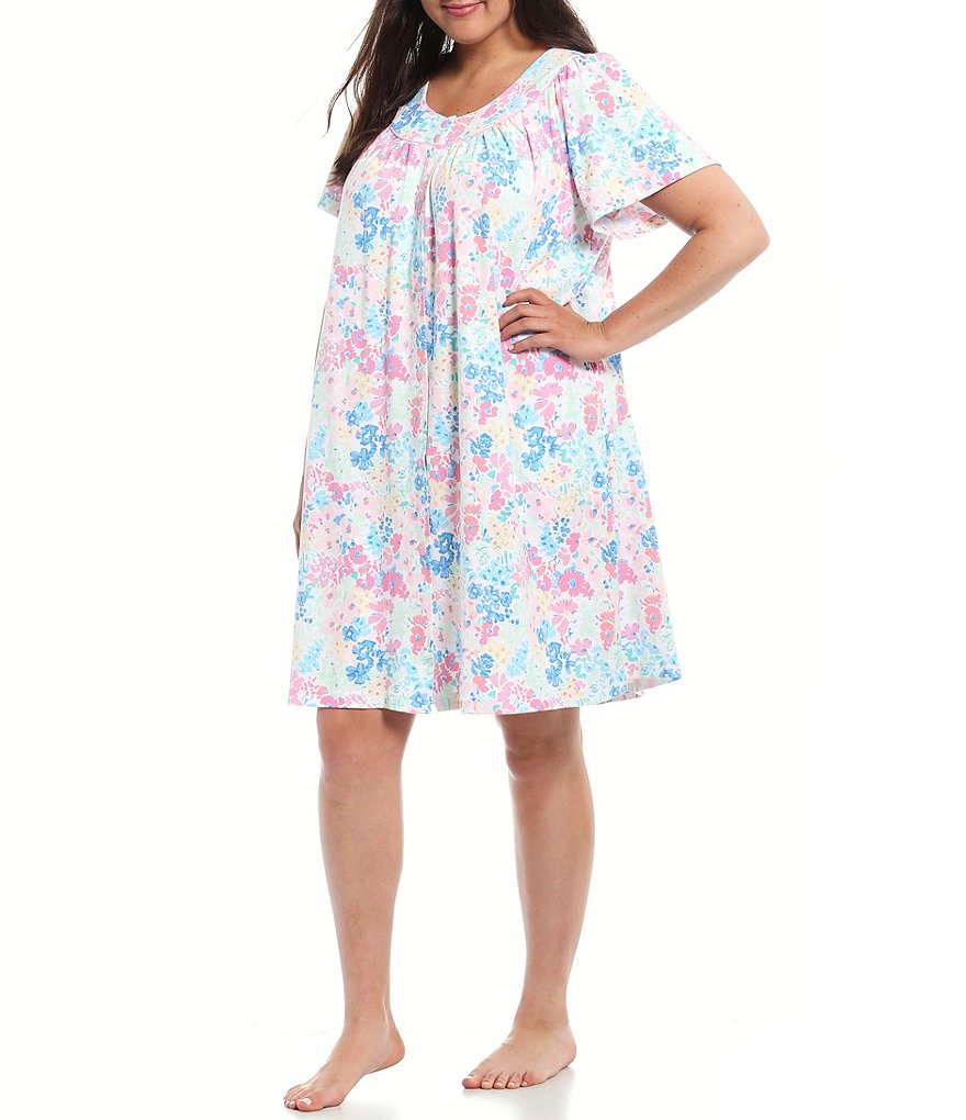 Miss Elaine Plus Floral Print Interlock Knit Grip-Front Short Robe