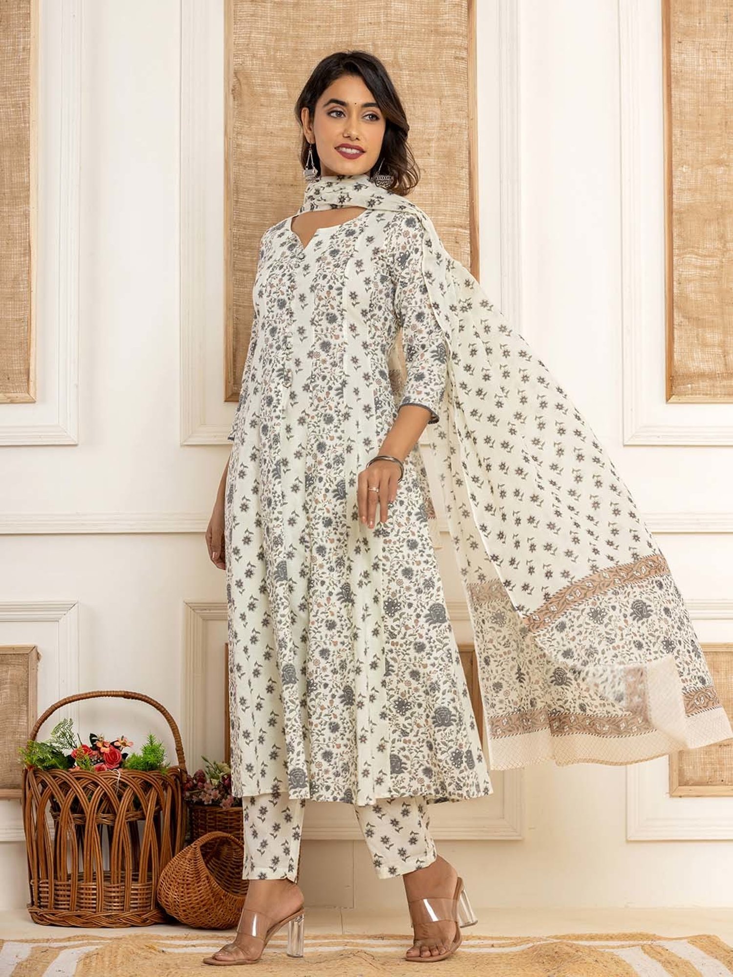 Yufta Cream Cotton Printed Kurta Pant Set With Dupatta