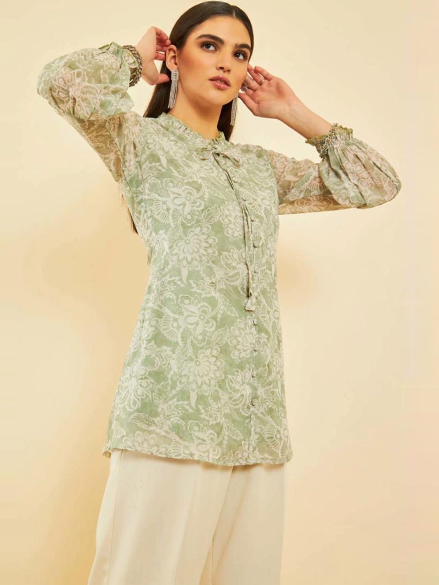 Soch Womens Sap Green Georgette Blend Floral Print Tunic With Ruffles
