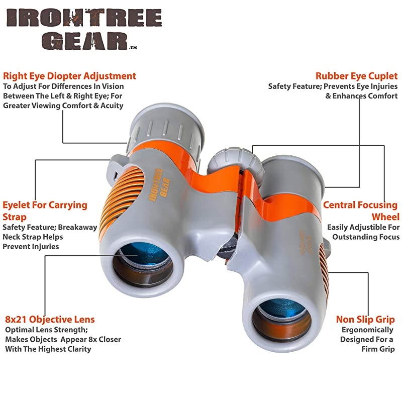 Kids Binoculars by  - 8x21 HIGH Resolution Shockproof Compact Toy Binoculars for Kids Set for Boys & Girls - Ideal Binoculars for Hunting, Camping, and Hiking (Orange, Grey)