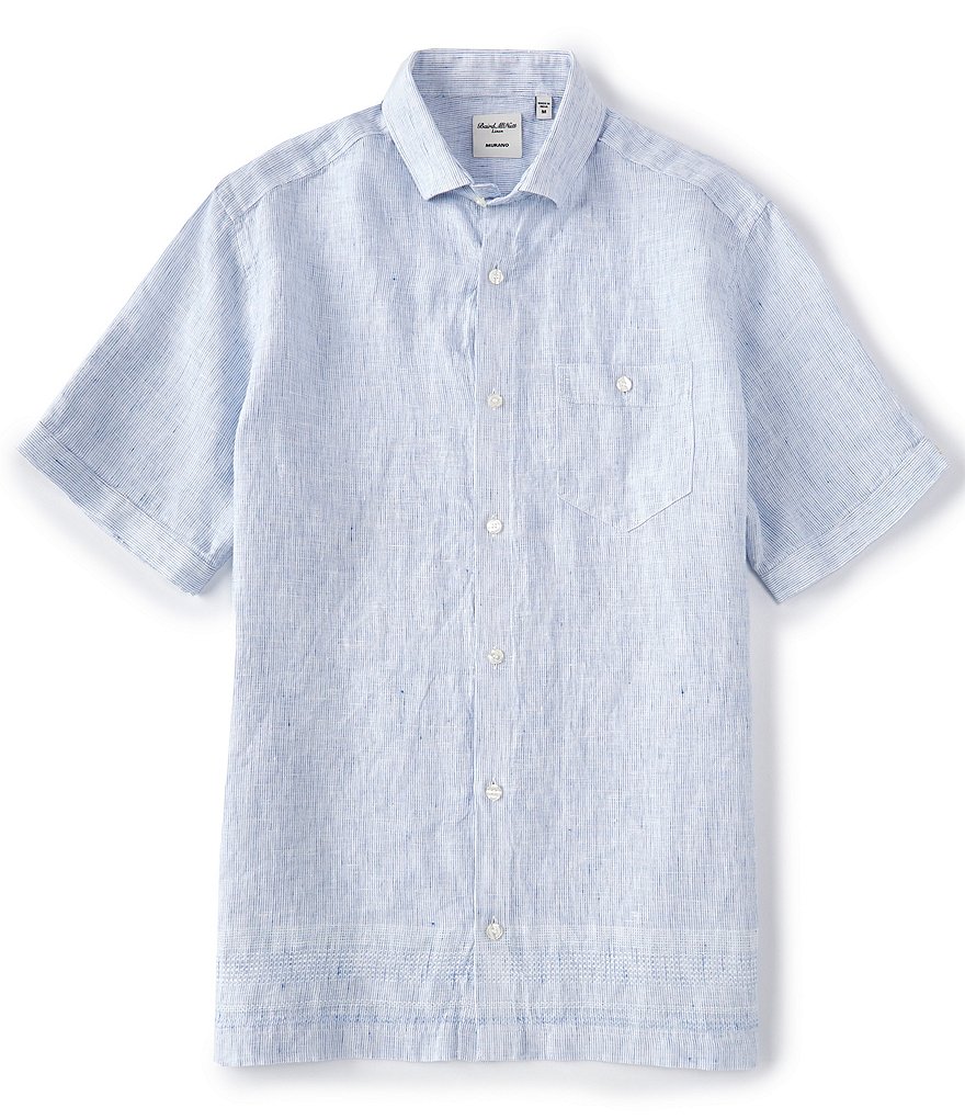 Murano Baird McNutt Linen Fine Line Striped Short-Sleeve Woven Shirt