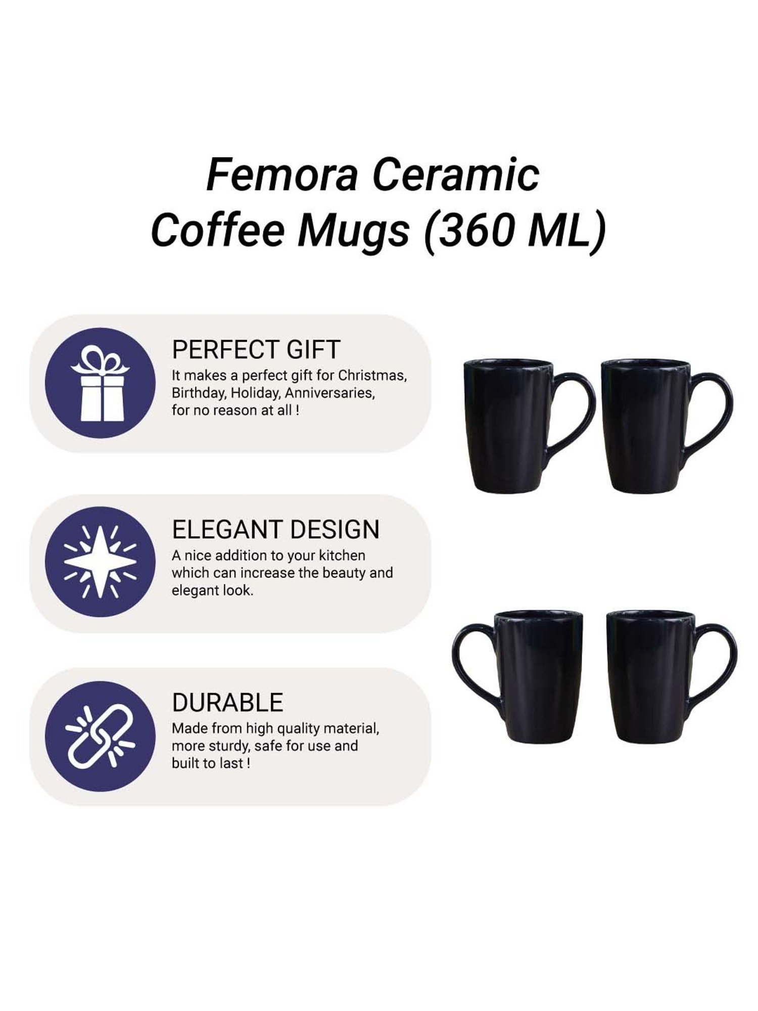 Femora Black Ceramic Coffee Mugs (0.36 L) - Set of 6