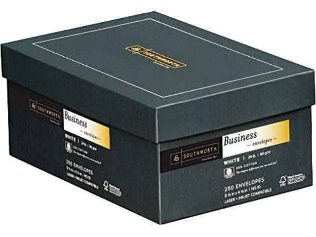 Southworth J404-10 25% Cotton #10 Business Envelope, V-Flap, White, 250/Box