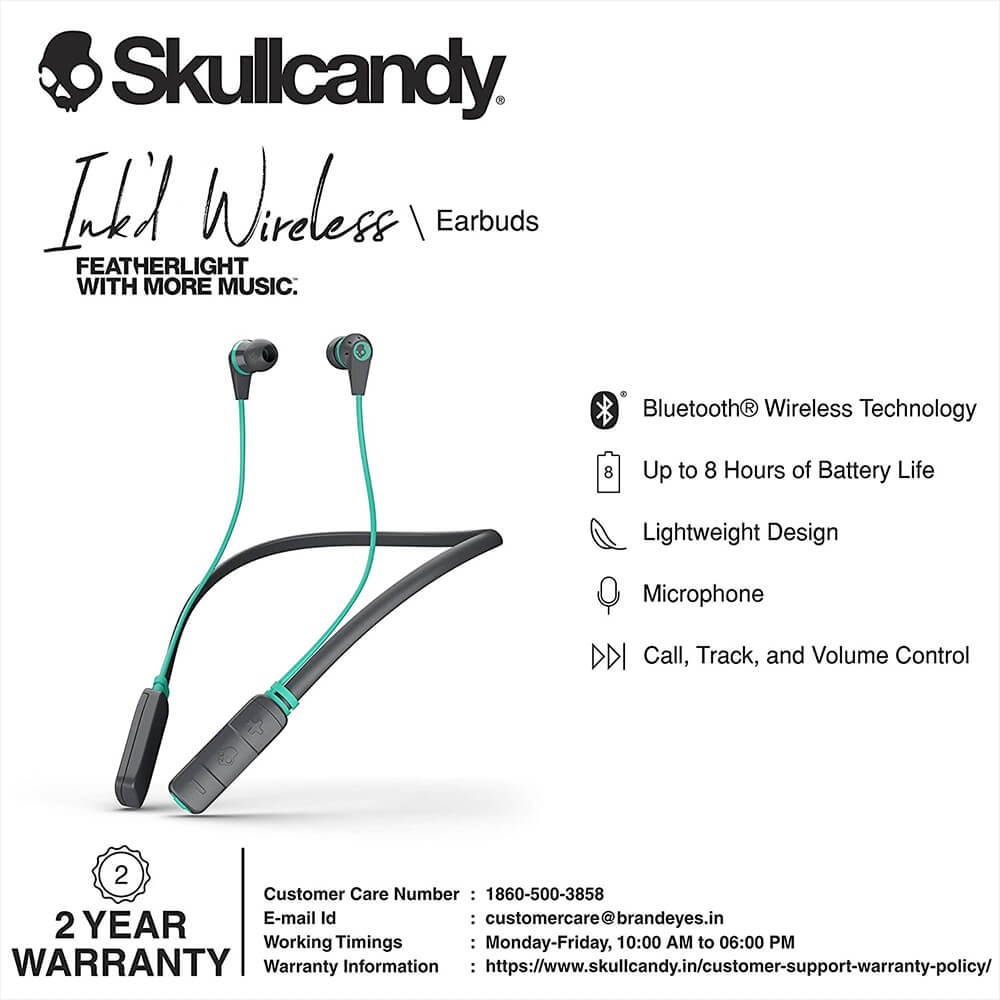 Skullcandy  S2IKW-L682  Ink'd Wireless Bluetooth In-Ear Headphones (Gray/Miami)