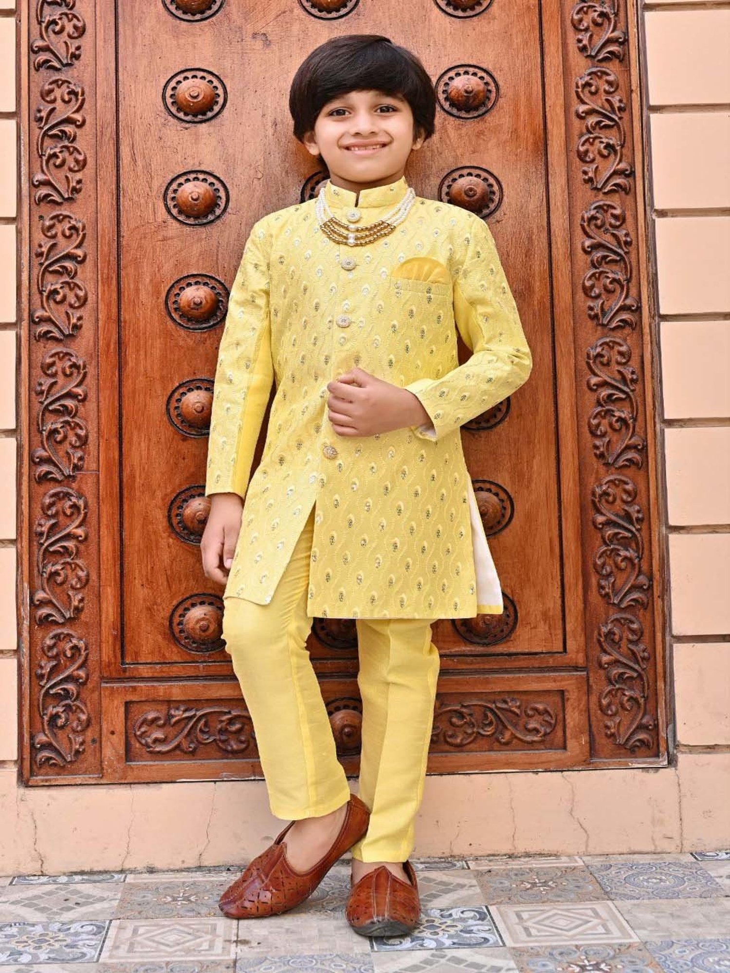 Ahhaaaa Kids Yellow Embellished Full Sleeves Sherwani Set