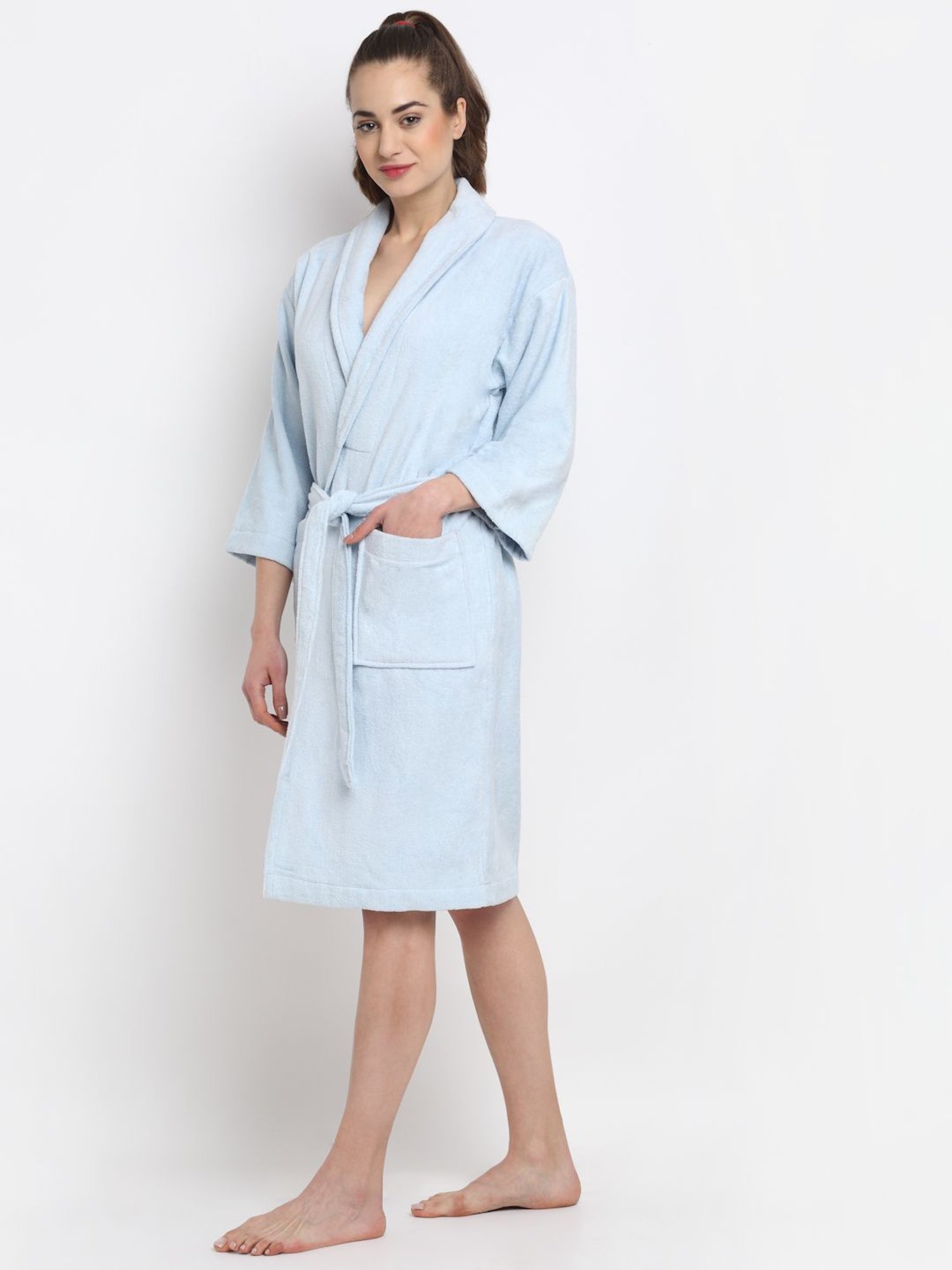 Creeva Everyday Red & Navy 225 GSM Micro Terry Bathrobe with Front Pocket & Kimono Collar