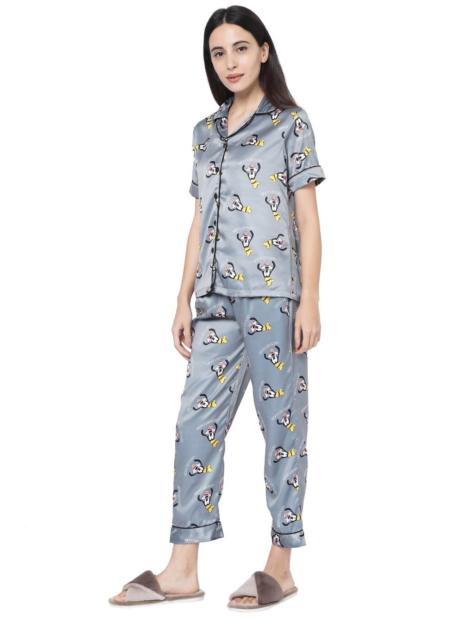 Smarty Pants Dark Grey Satin Print Shirt With Pyjamas