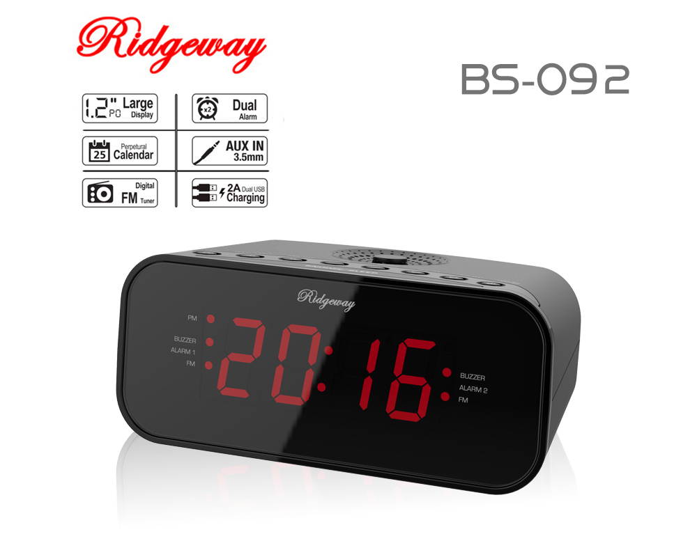Ridgeway BS-092 Clock Radio PLL FM Portable Radio With Clock & Dual Alarm & LED Display Color Black