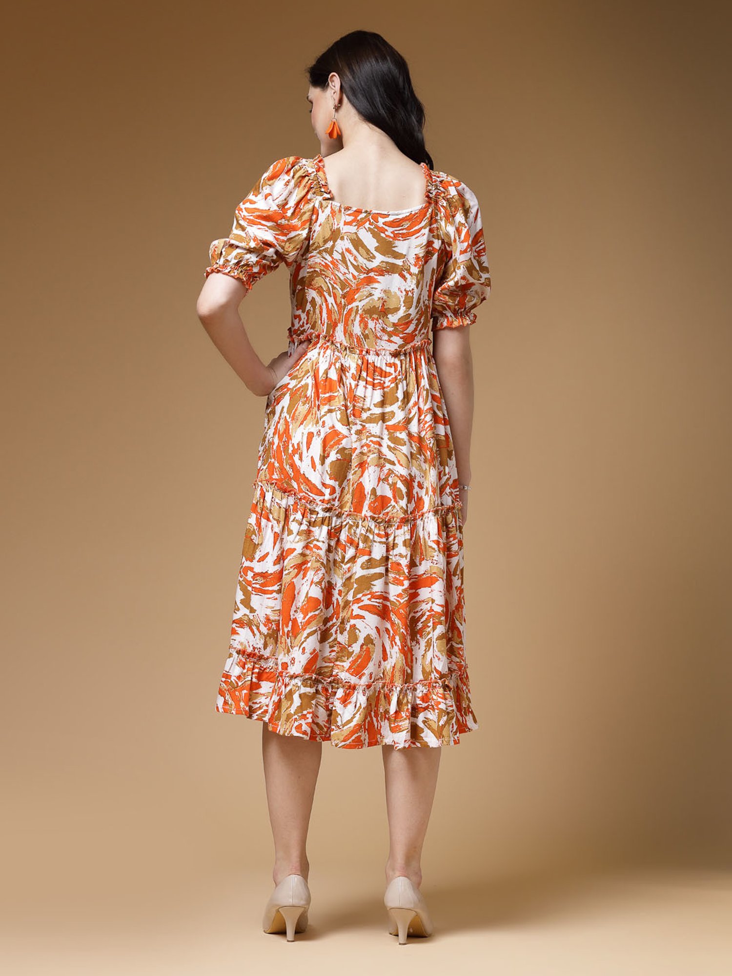 Indibelle Orange Printed Ethnic Dress