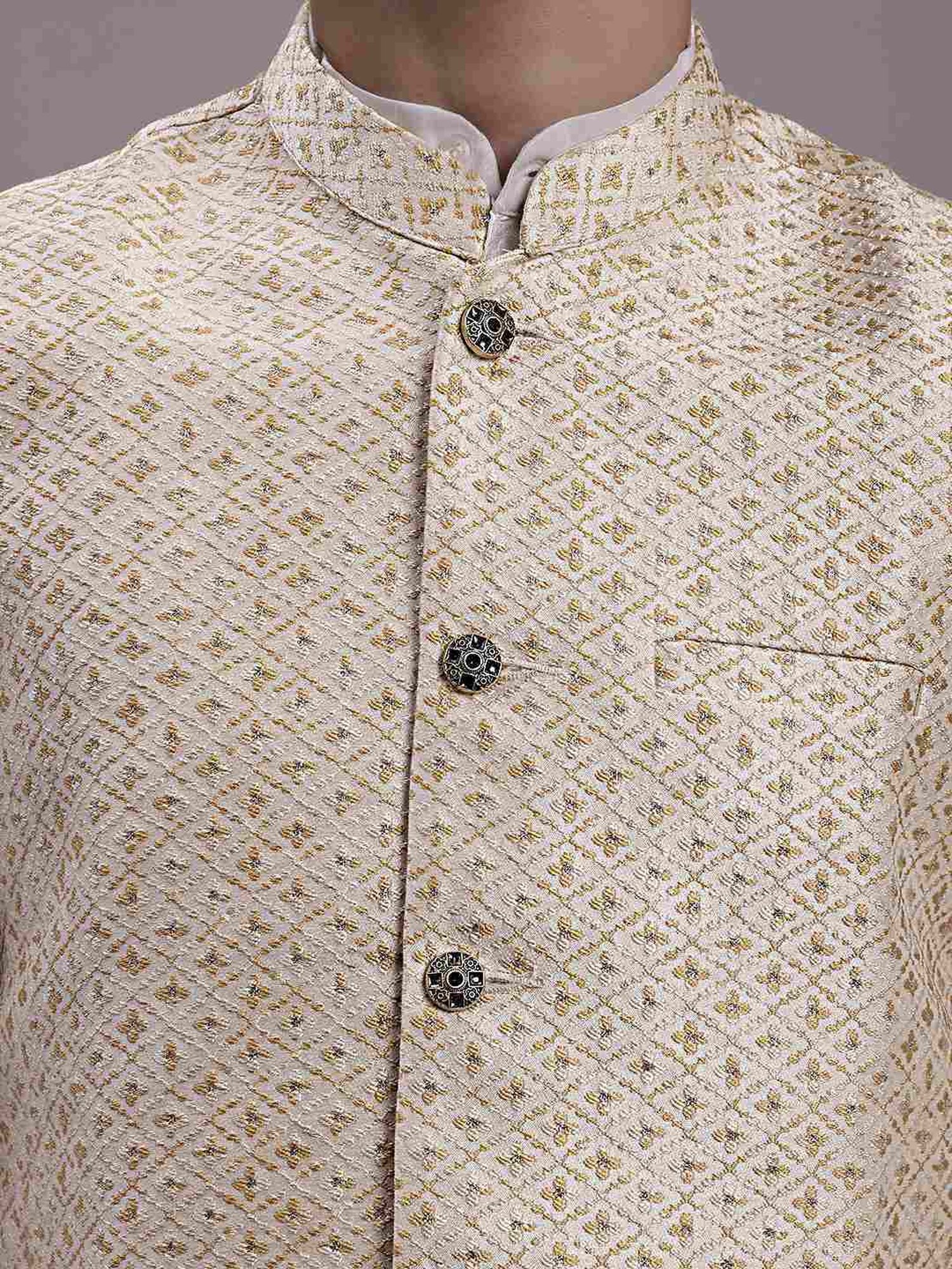 Jompers Cream Regular Fit Self Pattern Nehru Jacket