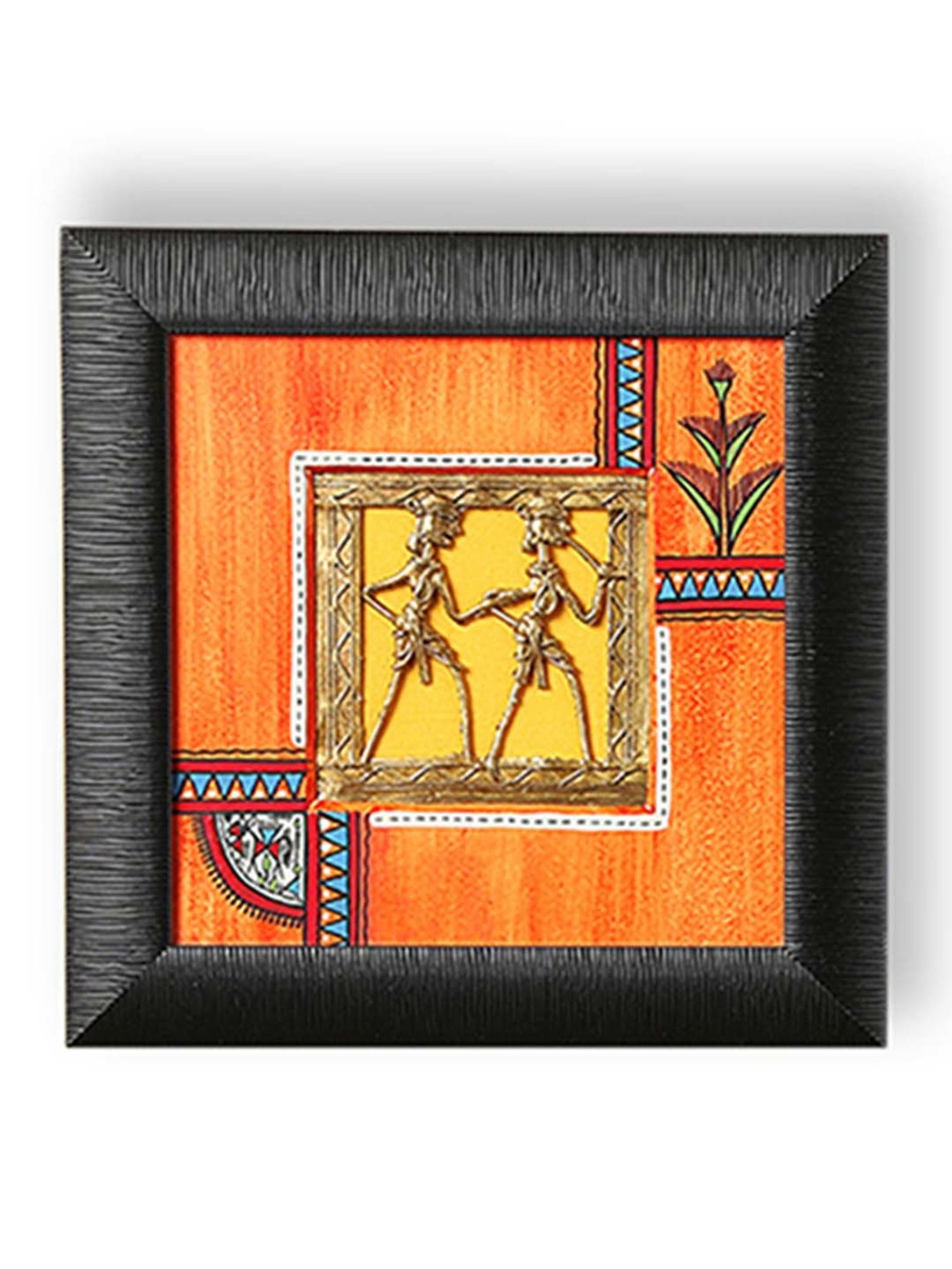 ExclusiveLane Sunset Orange & Ocean Blue Handpainted Warli & Dhokra Square Wall Painting Set
