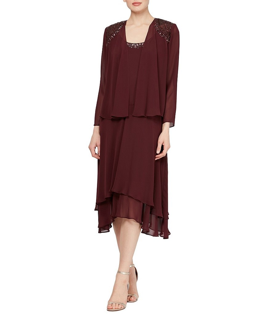 Ignite Evenings Petite Size Scoop Neck Long Sleeve Sequined Shoulder Midi Length 2-Piece Jacket Dress