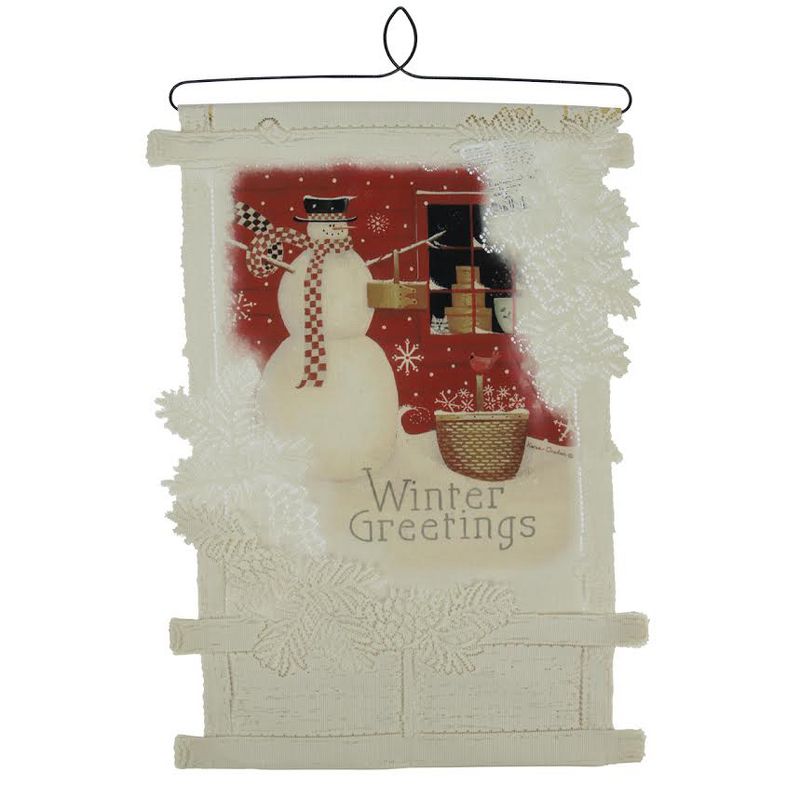 Heritage Lace 20" White and Red Country Rustic Greetings Decorative Snowman Christmas Card Holder Wall Hanging