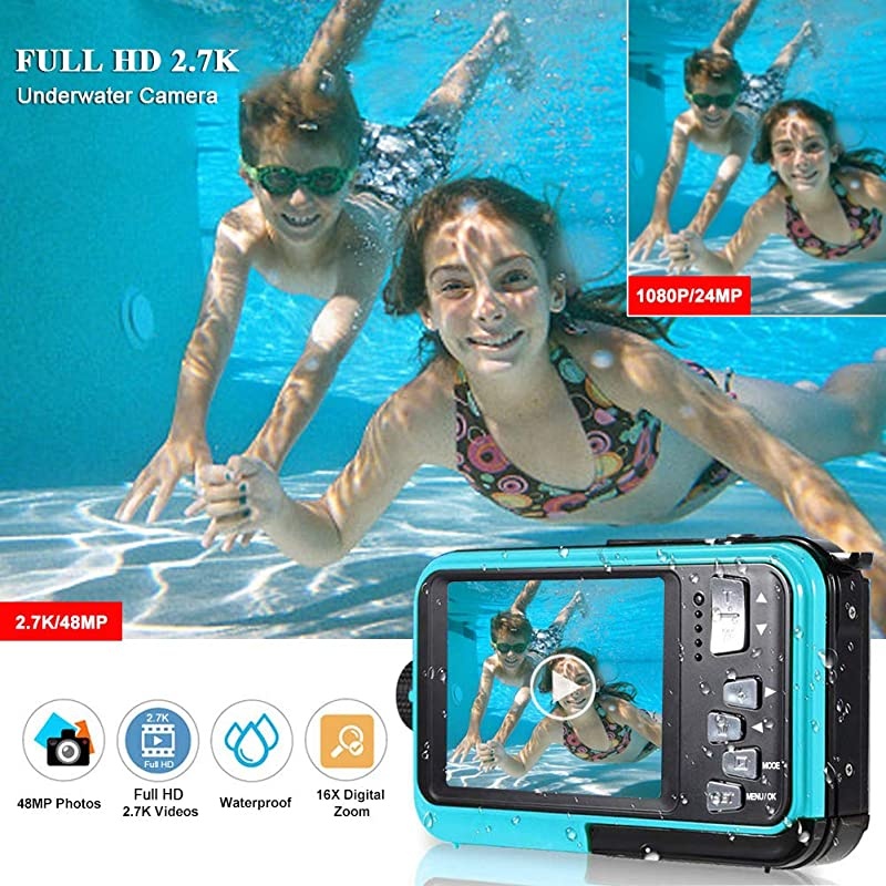 Camera FHD 2.7K 48 MP Waterproof Digital Camera Selfie Dual Screen Full-Color LCD Displays Waterproof Digital Camera for Snorkeling (806BC)