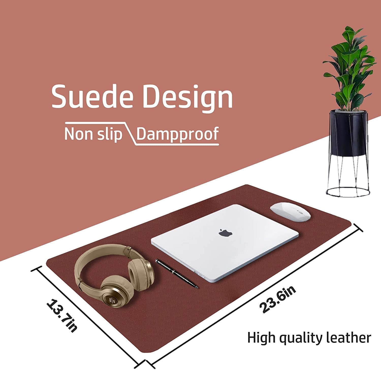 Leather Desk Pad ProtectorMouse PadOffice Desk Mat Non-Slip PU Leather Desk BlotterLaptop Desk PadWaterproof Desk Writing Pad for Office and Home (23.6 x 13.7 Rufous)