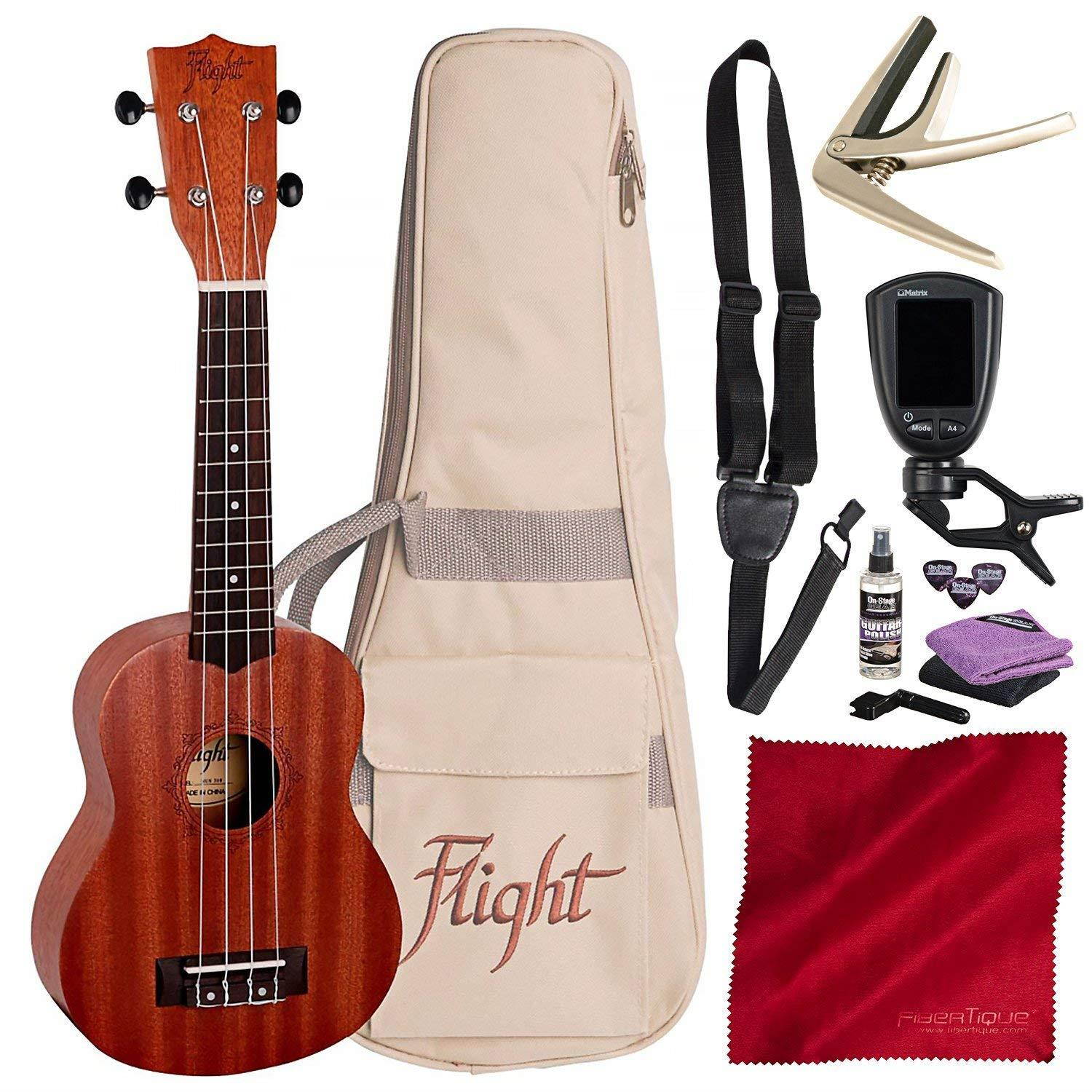 Flight NUS 310 Soprano Ukulele with Guitar Stand, Clip-on Tuner, and Deluxe Accessory Bundle