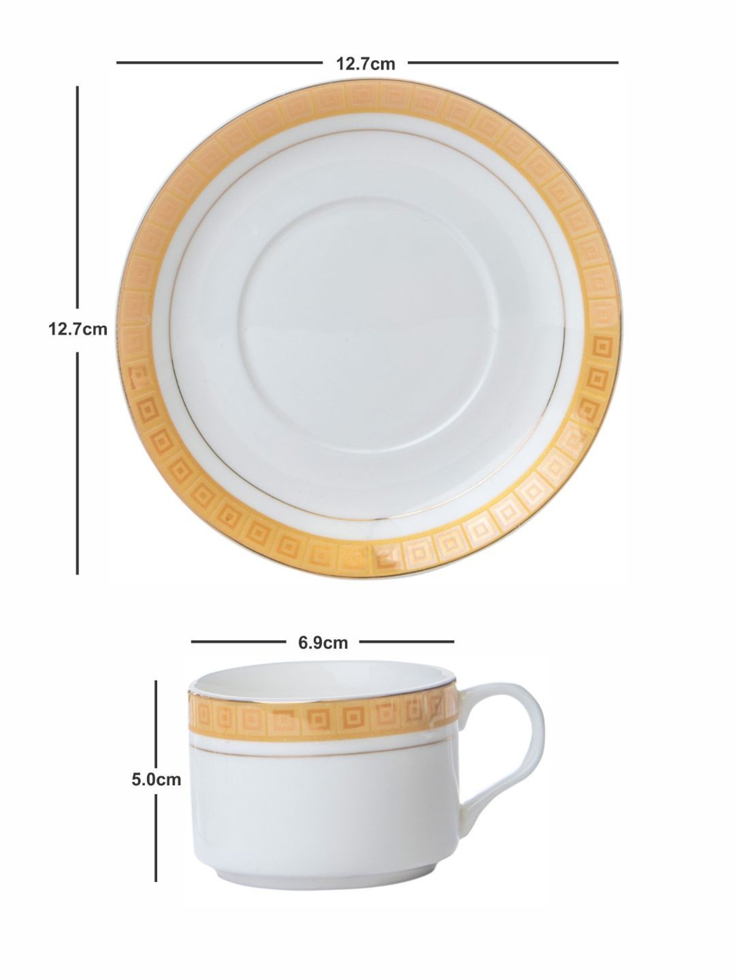 White Gold Printed White Porcelain Tea Cup & Saucer - Set of 6 (120ml)