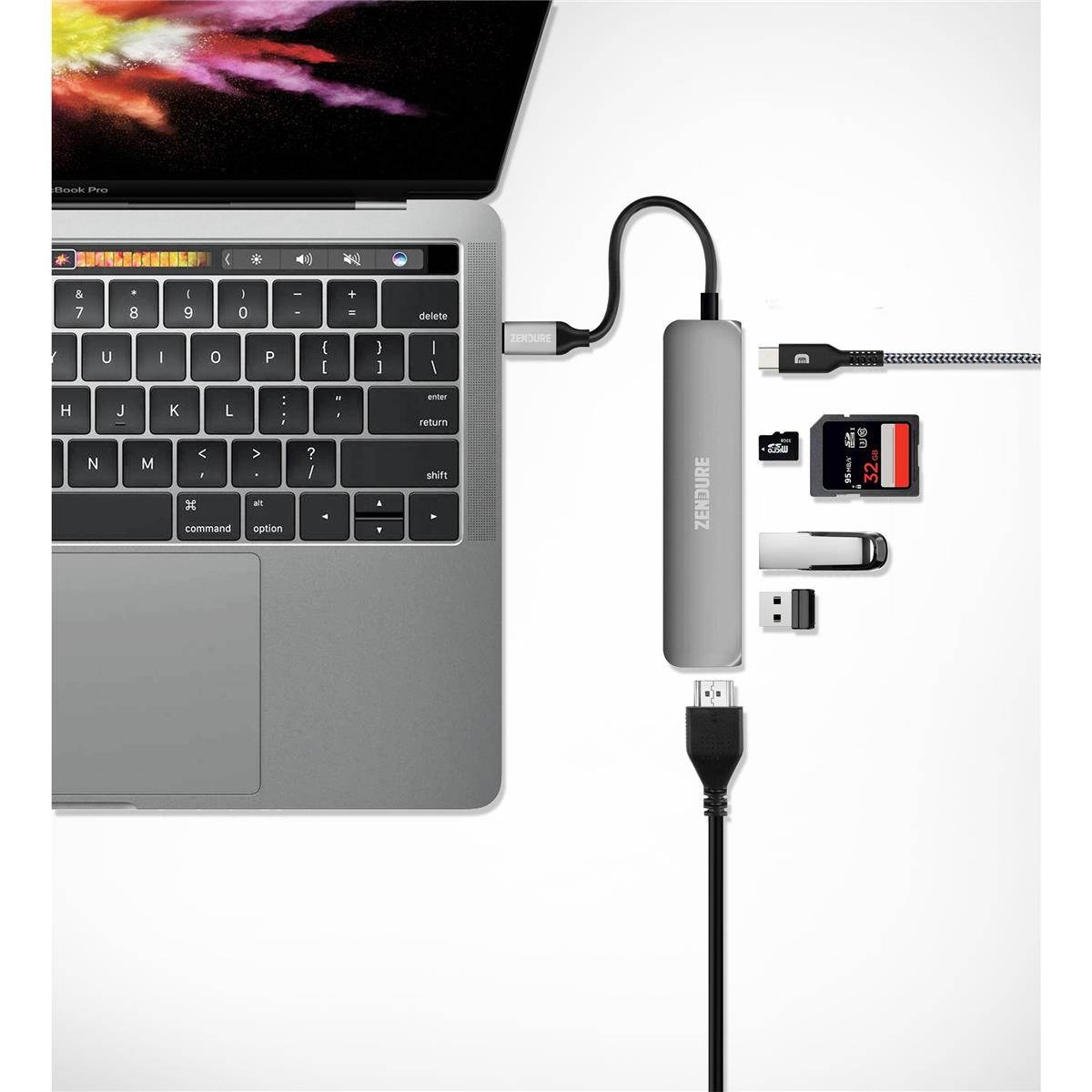 6-in-1 usb-c hub, zendure 49w slim aluminum adapter with 4k usb c to hdmi, microsd/sd card reader, 2 usb 3.0 ports, for macbook