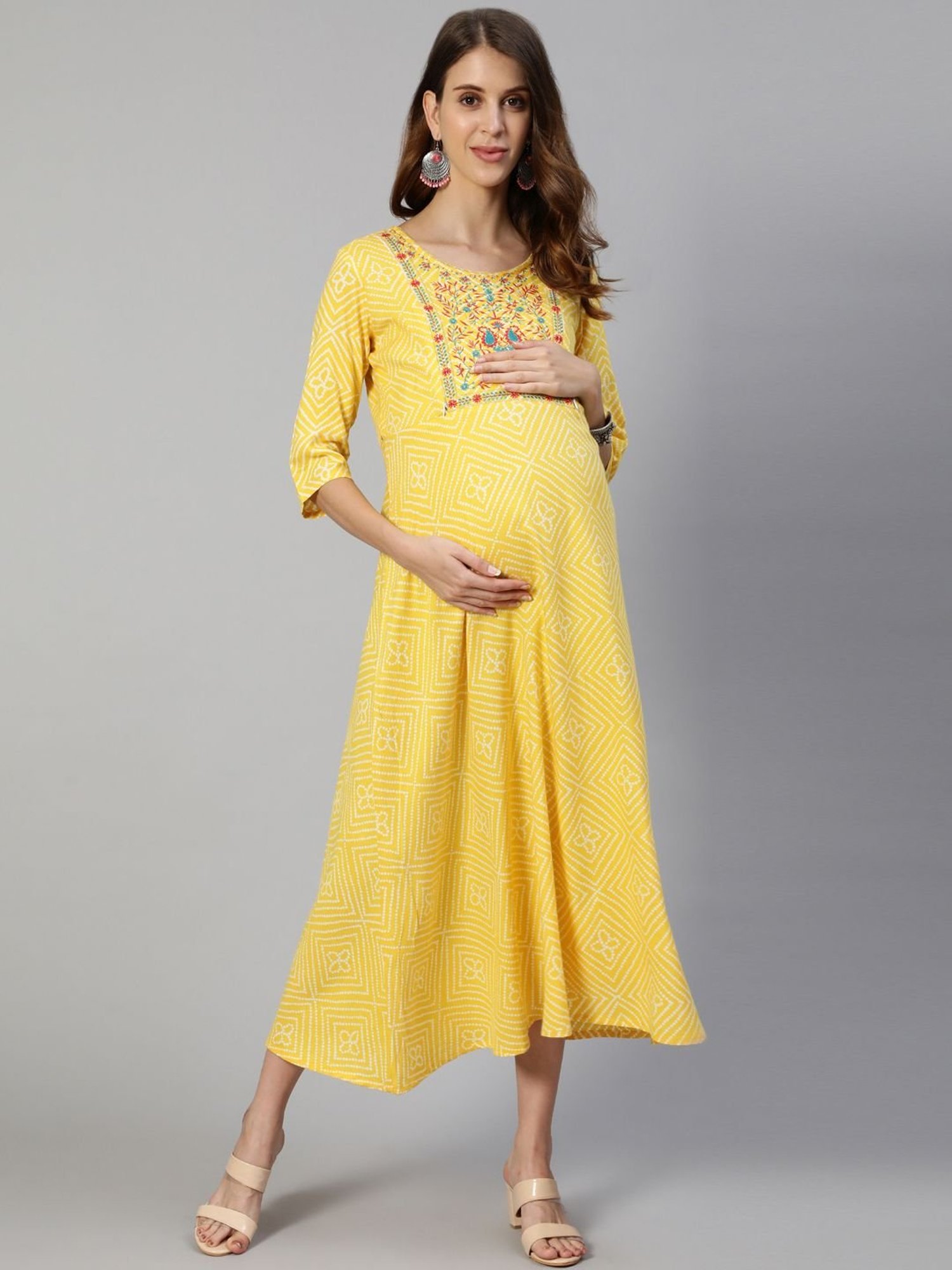 Anubhutee Yellow Cotton Embroidery Maternity Dress