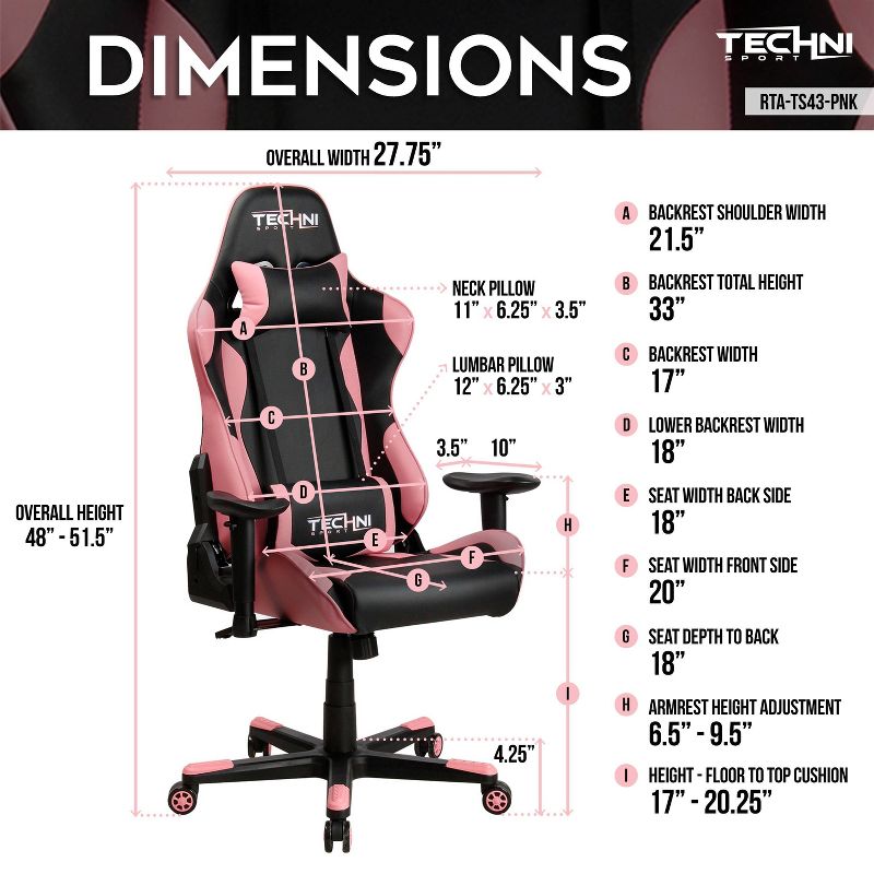 Ergonomic High Back Racer Style PC Gaming Chair Pink - Techni Sport