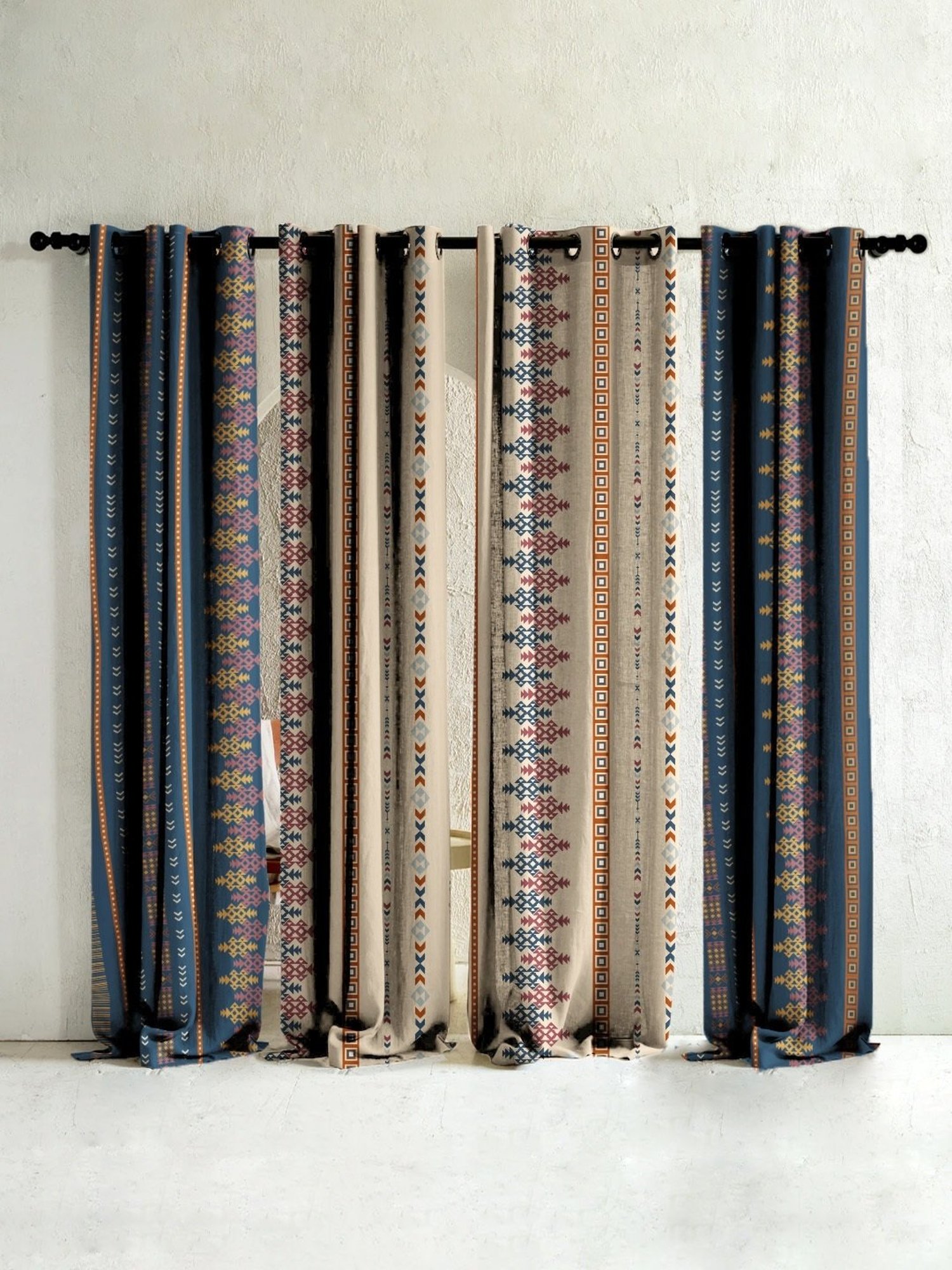 SPACES DRAPE STORY Boho Digital Print Indigo & Beige Polyester 7 ft Door Curtains - Set of 4