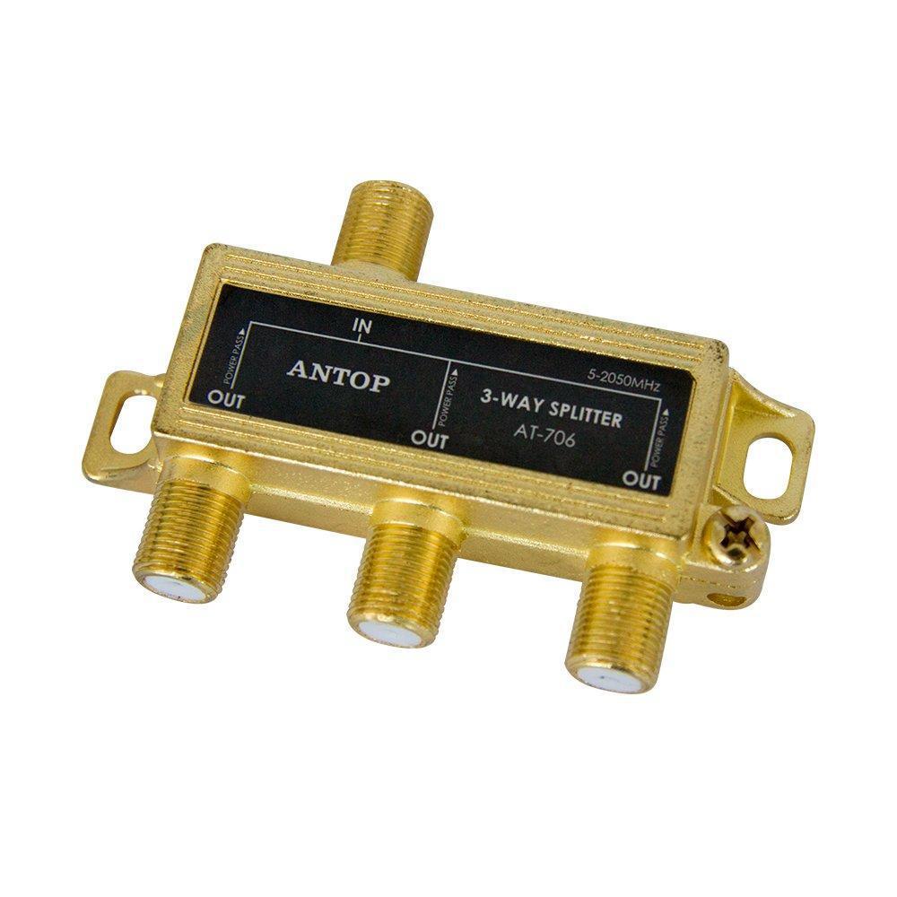 antop low-loss 3 way coaxial splitter for tv antenna and satellite 18k gold-plated chassis 2ghz - 5-2050mhz all port dc power p