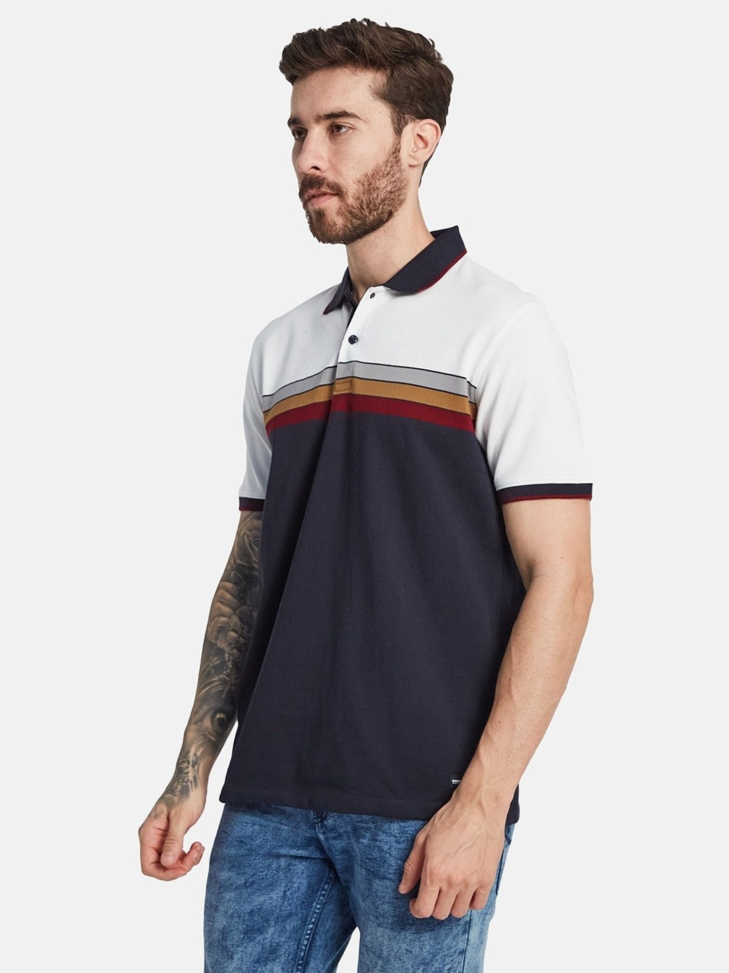 Octave Light Navy Cotton Regular Fit Colour Block Polo T-Shirt