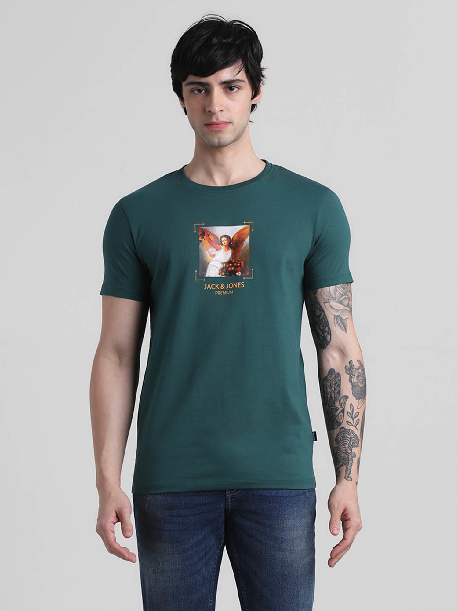 Jack & Jones Green Slim Fit Printed T-Shirt