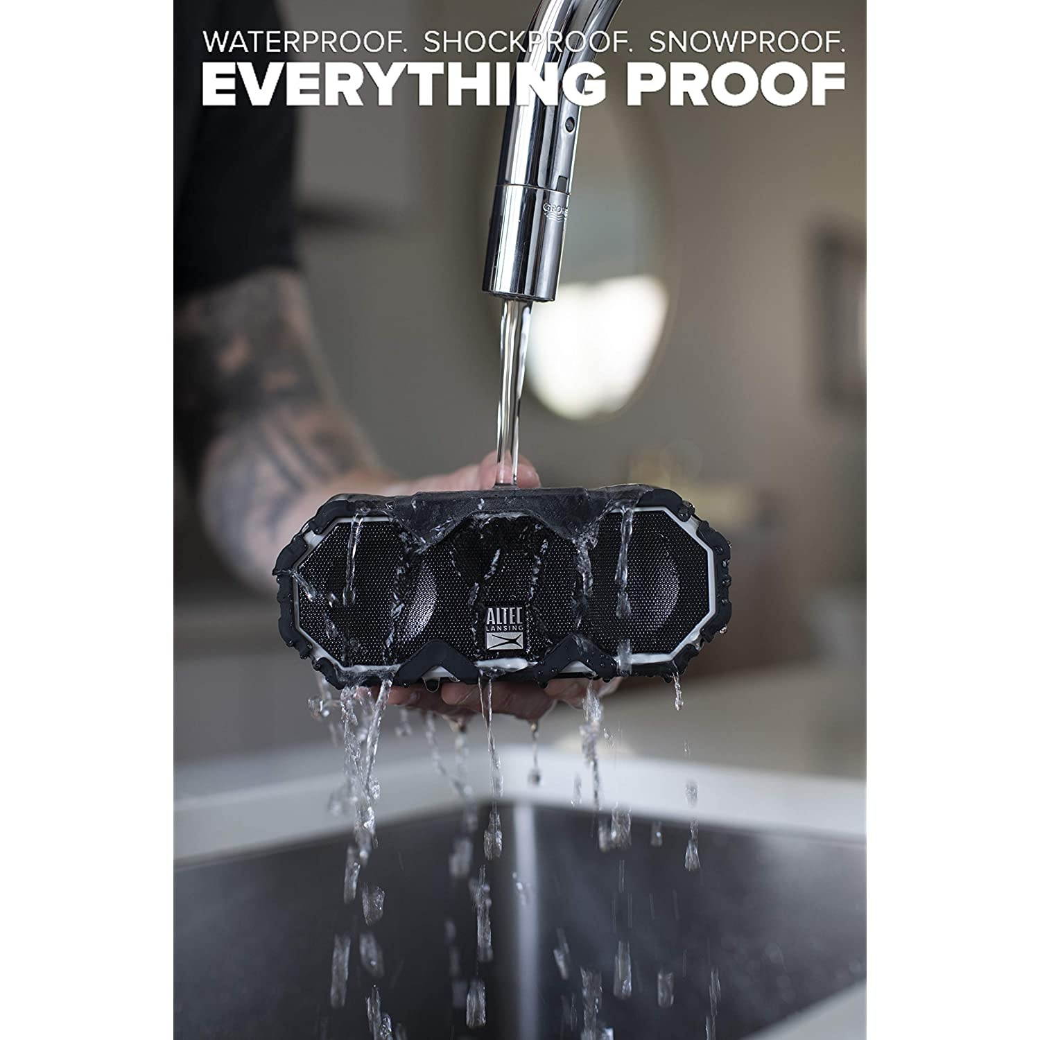 Altec Lansing Mini LifeJacket Jolt Bluetooth Speaker with Qi, Wireless, Waterproof, Portable, Speakers, Loud Volume, Strong Bass, Rich Stereo System, Microphone, 16 Hour Battery, 100 ft Range, Black