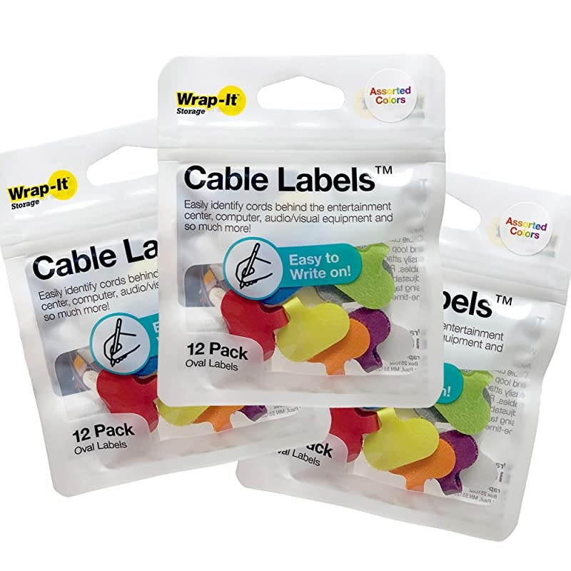 Labels by WrapIt Storage Oval MultiColor 36 Pack Write On Cord Labels Wire Labels Tags and Wire Tags for Management and Identification for Electronics Computers and More