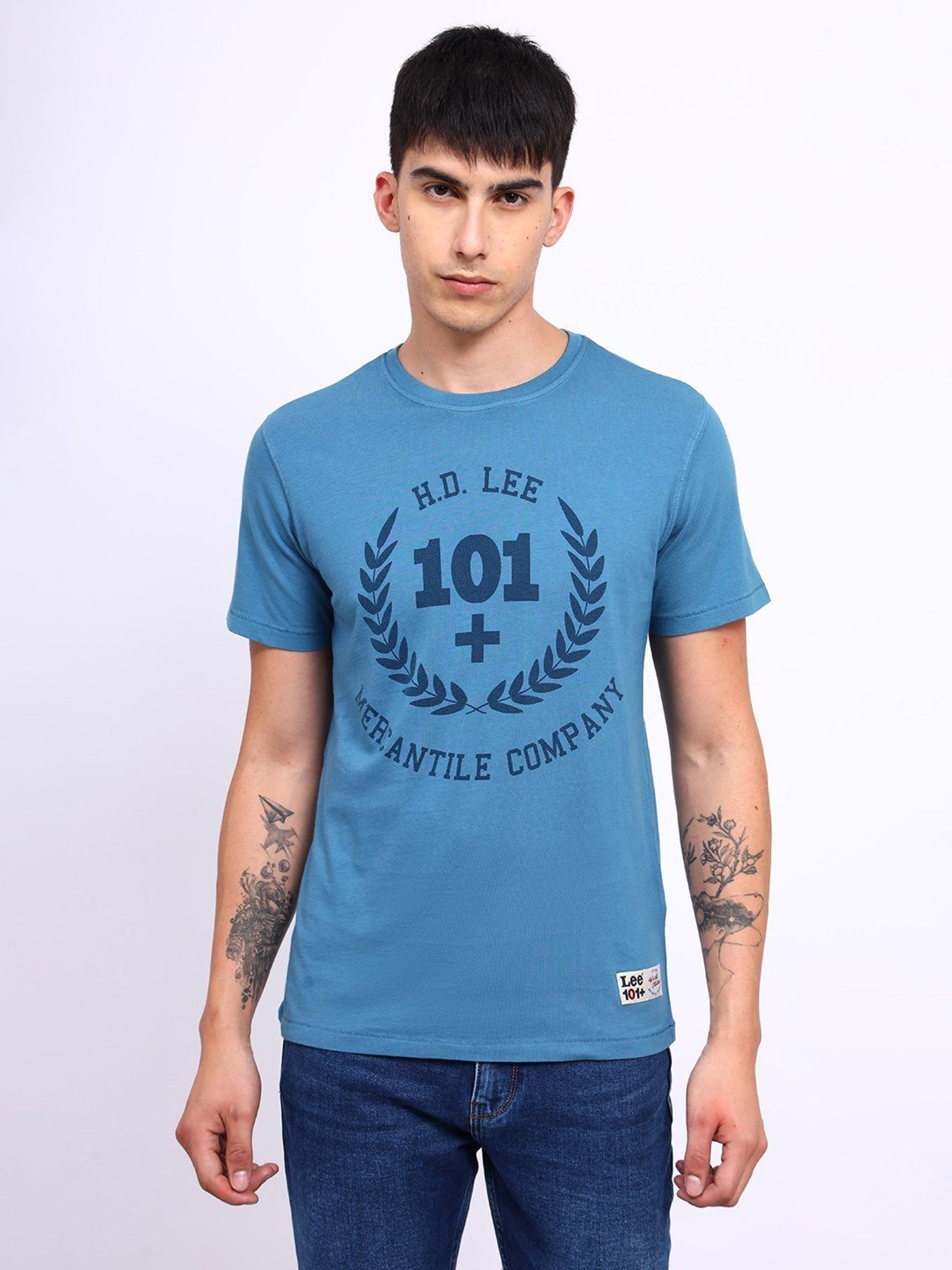 Lee Blue Cotton Regular Fit Printed T-Shirt