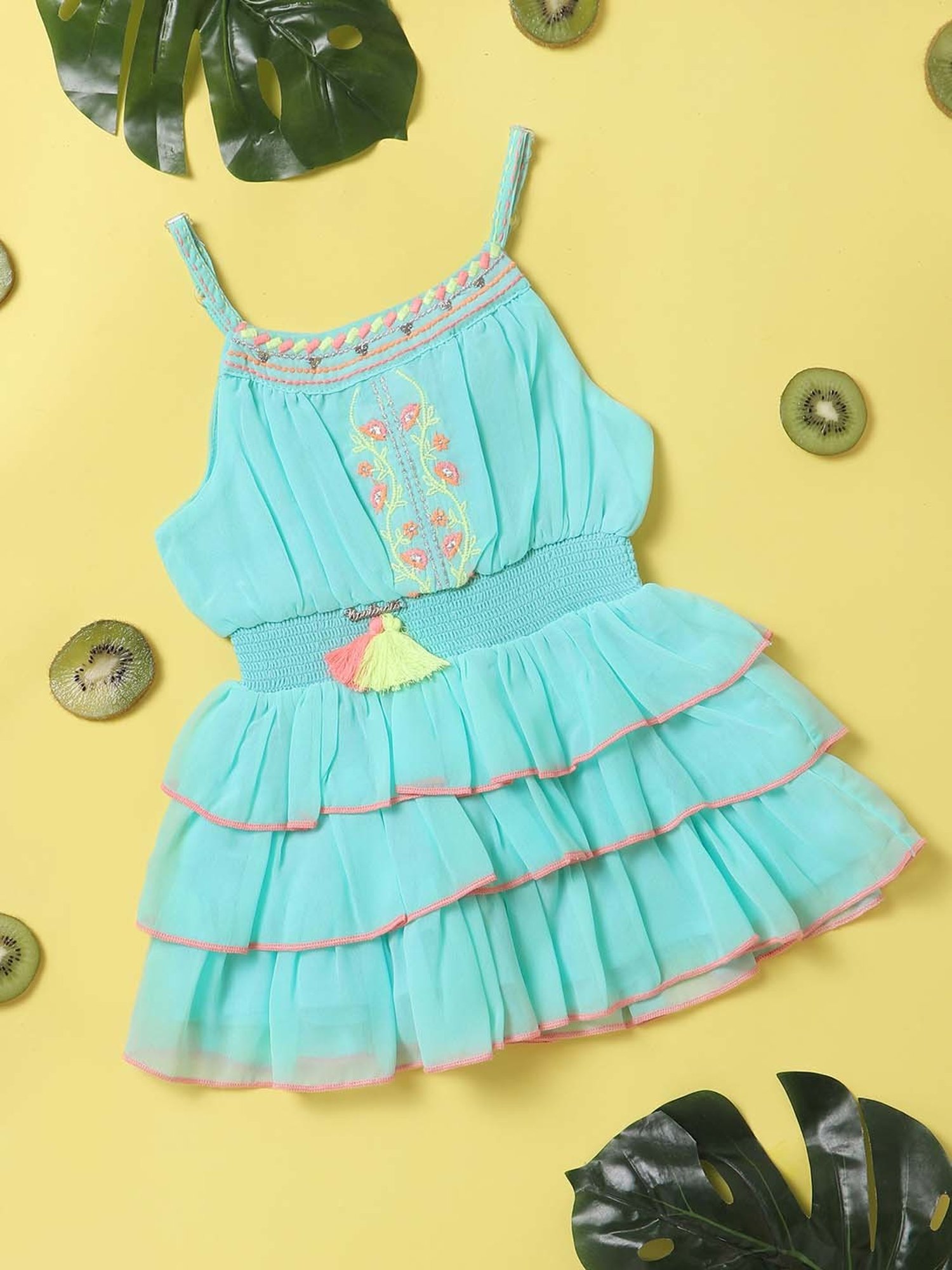 Nauti Nati Kids Blue & Mint Green Embroidered Dress (Pack Of 2)