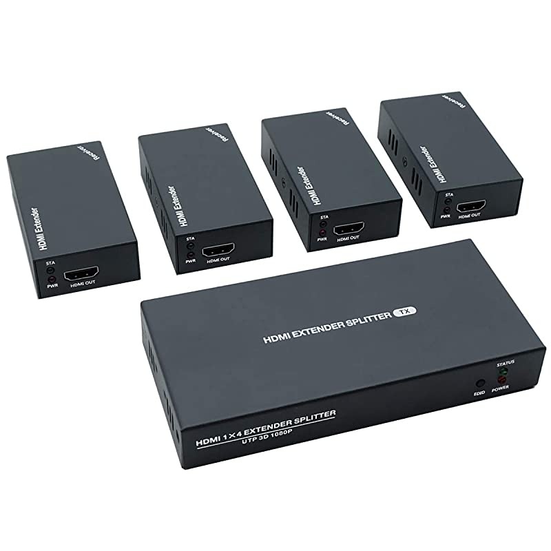 Extender Splitter 1x4 1080P@60Hz Over Cat 5E/6/7 Ethernet Cable 50m (165ft) Support EDID Copy POC Function (1 in 4 Out)