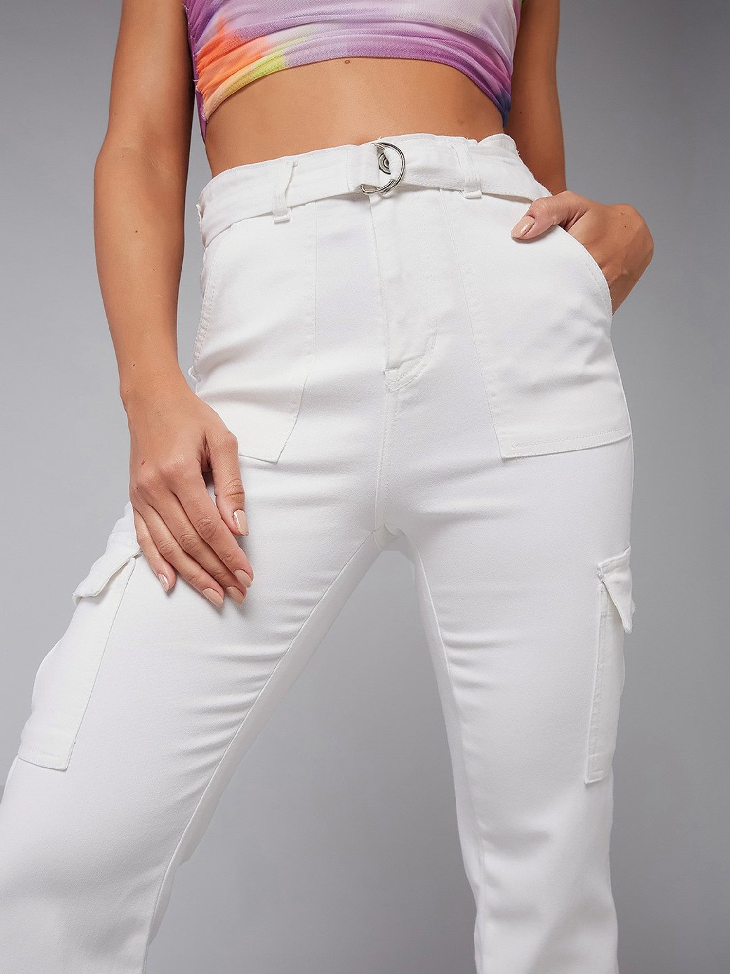 DOLCE CRUDO White Denim Relaxed Fit High Rise Cargo Jeans