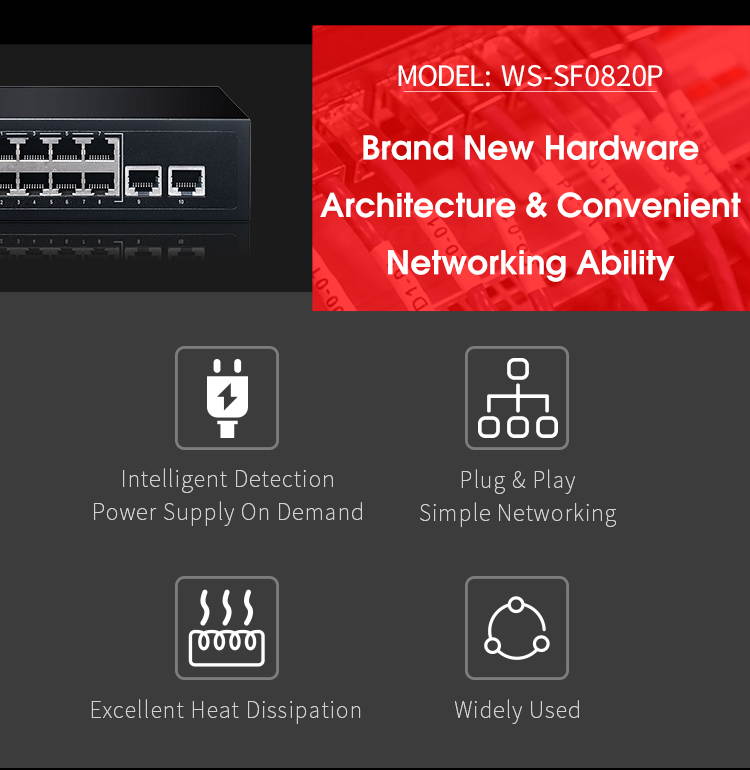 Wifisky 8+2 Ports 100M POE Switch Monitoring Network Cable Splitter Smart POE Power Supply