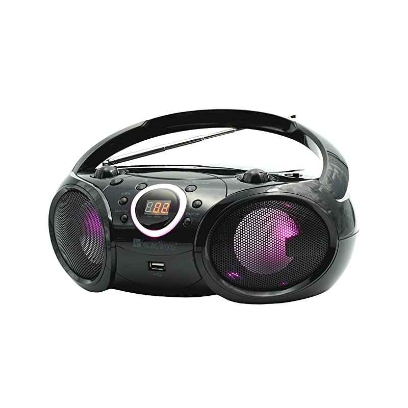 CD Player Boombox CDCDRCDRW Portable wBluetooth USB AMFM Radio Aux LineInput Headset Jack Foldable Carrying Handle and LED Light Phantom Black