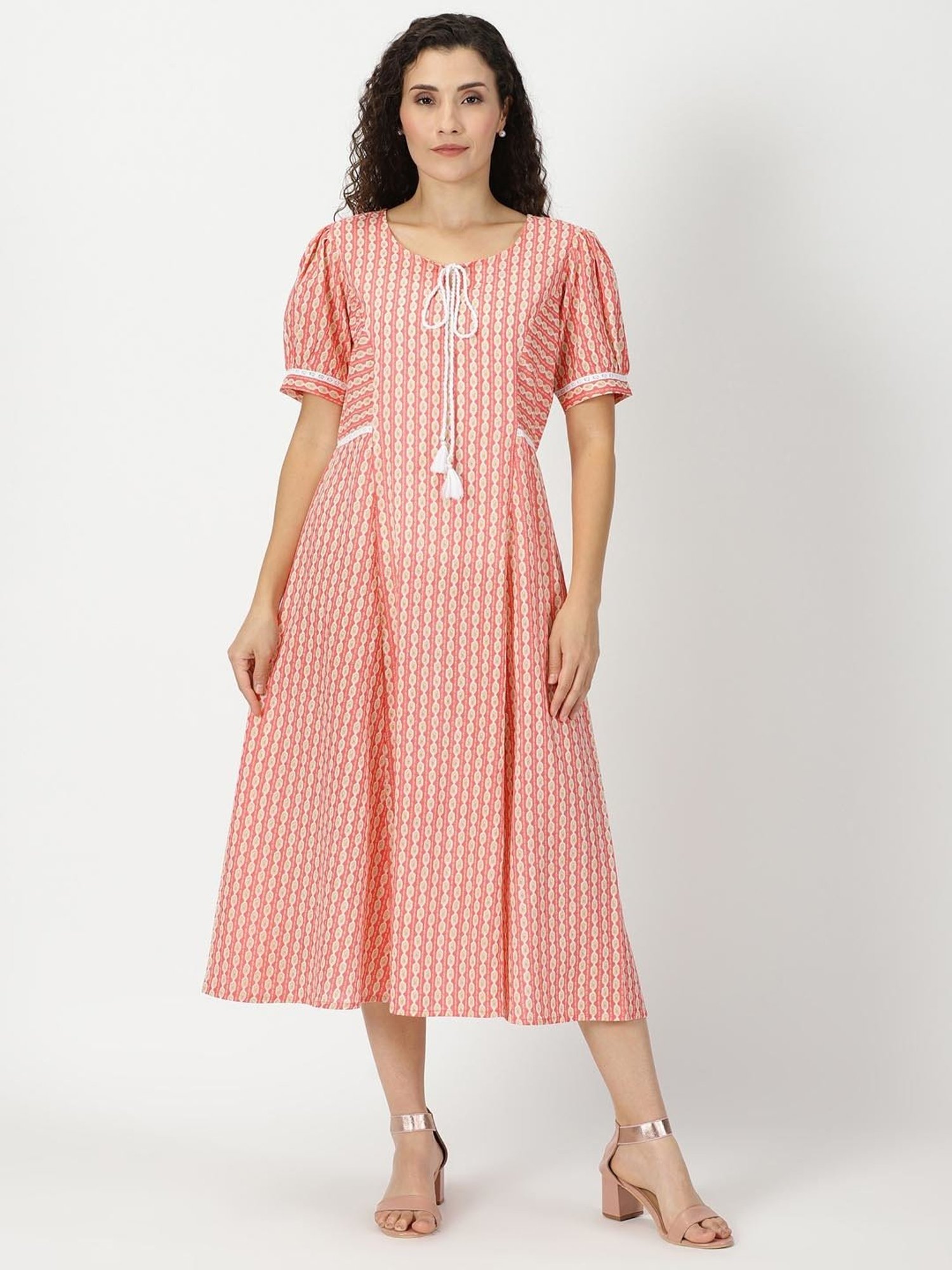 Saffron Threads Coral Cotton Printed Ethnic Dress