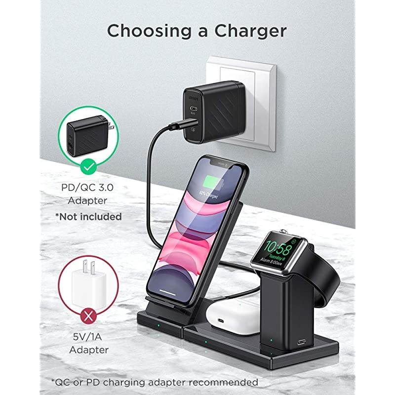 3-in-1 Wireless Charging Station, 15W for iPhone/AirPods/Apple Watch, Fast Wireless Charging Stand for iPhone 12/Mini/Pro/Pro Max/11/XR/XS/X, Apple Watch 2/3/4/5, AirPods Pro (No Adapter)