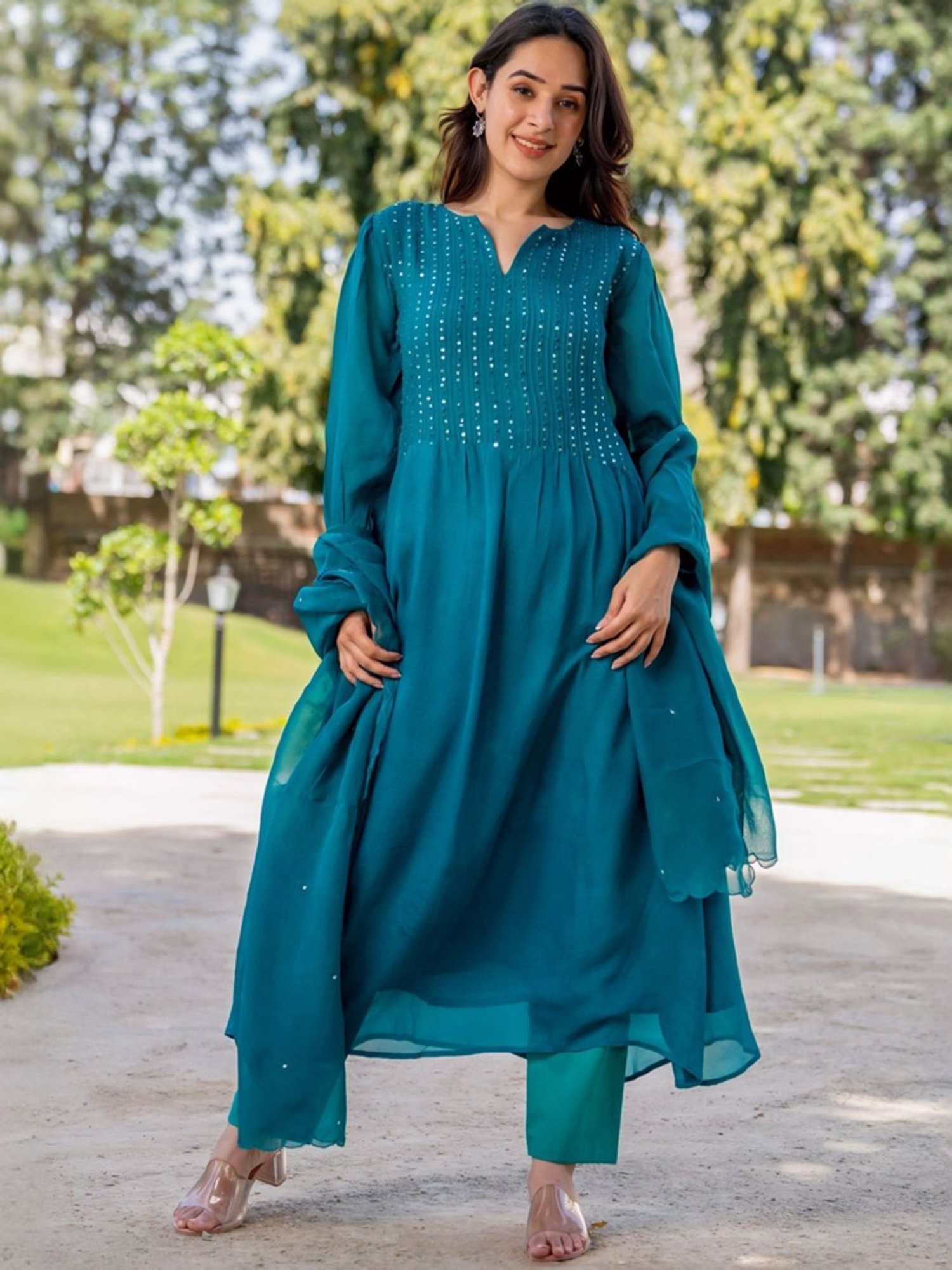 HOUSE OF JAMOTI Blue Embellished Kurta Pant Set With Dupatta