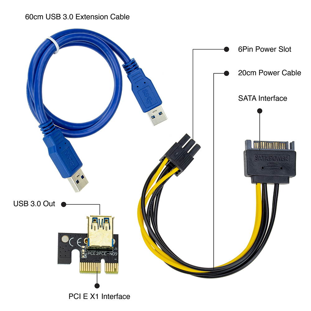 AAAwave PCIE Riser VER 009S 1x to 16x Graphic Extension for GPU Mining USB Riser Powered Adapter Card, 60cm USB 3.0 Cable, 4 Solid Capacitors, 2x 6PIN and Molex 3 Power Options (Orange) Pack of 1