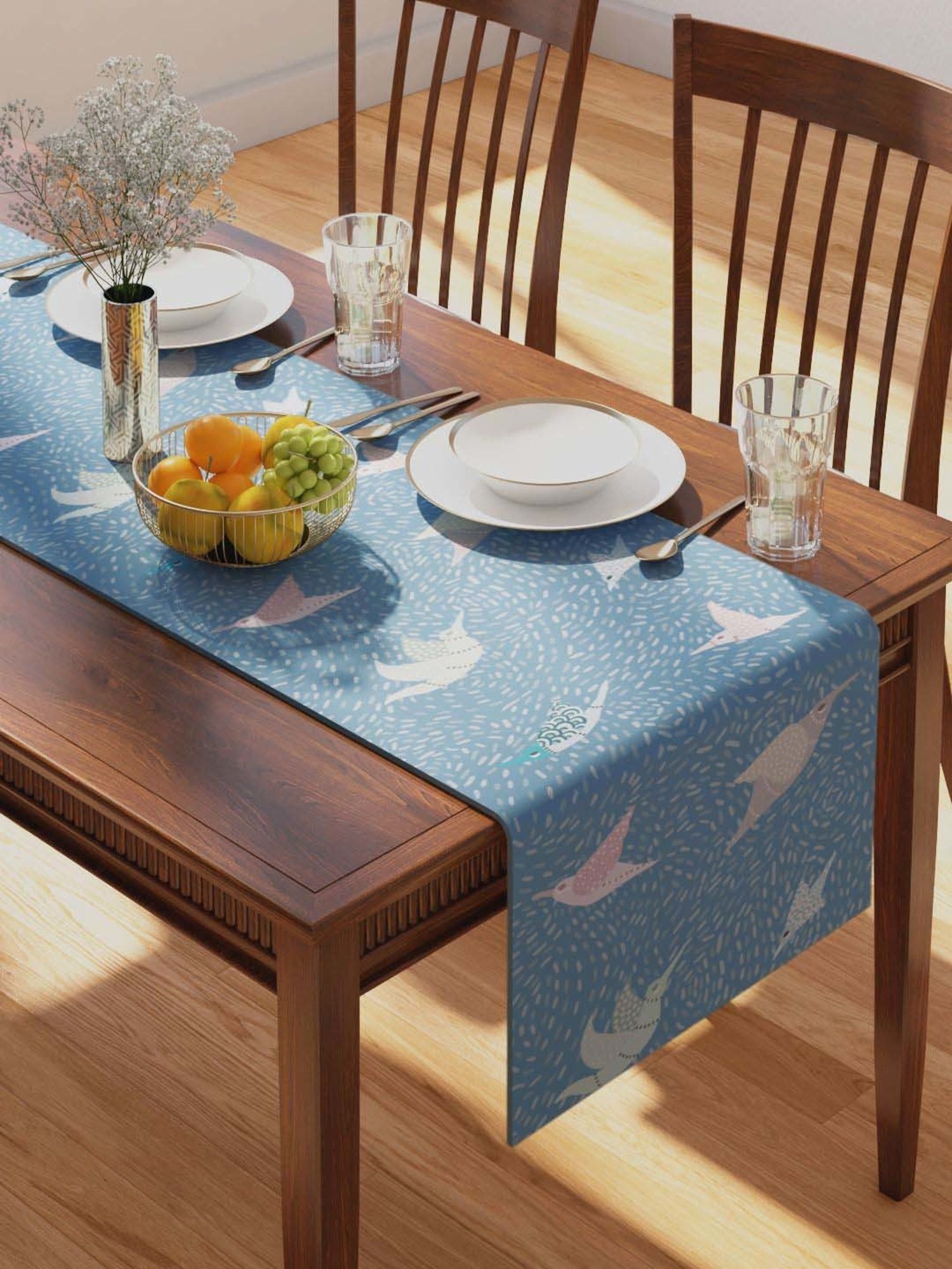 Petal Home Gondi Bird Blue Cotton 300 GSM Table Runner
