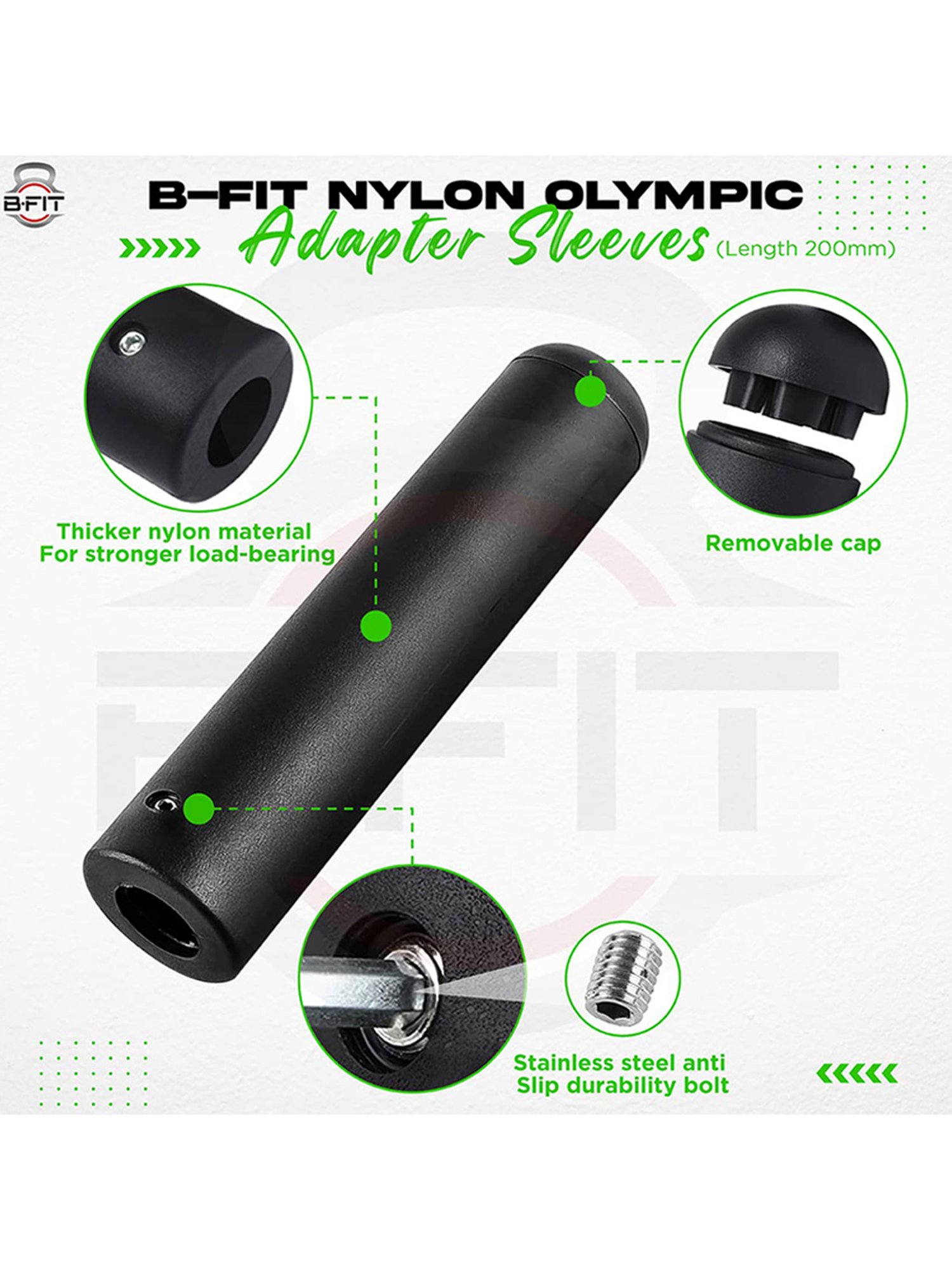 B Fit 2 Piece Nylon Adapter Sleeve 8", Convert 1" Bars or Posts to 2" Olympic Bars (Black)