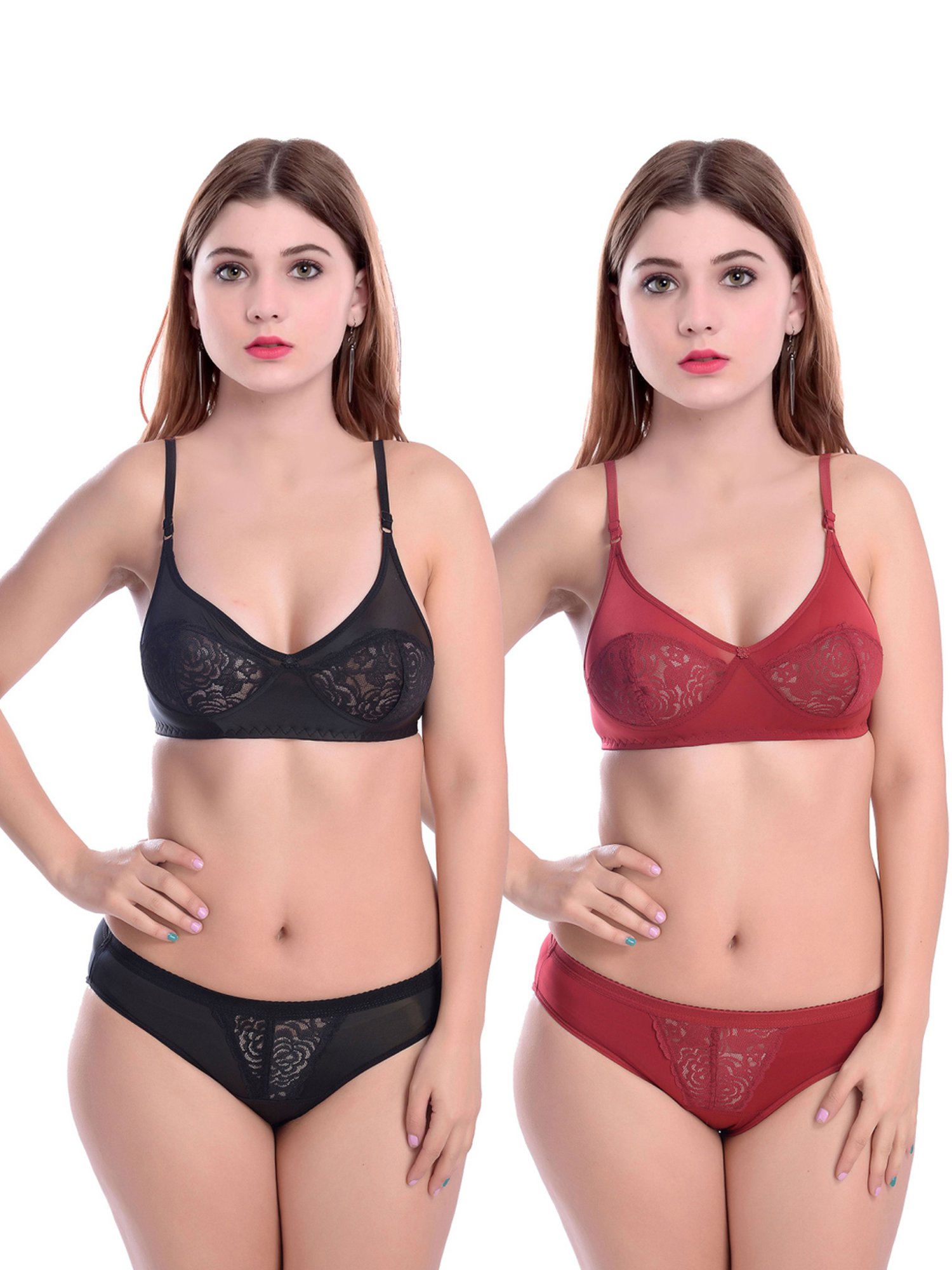 AROUSY Red & Black Self Pattern Bra Panty Set - Pack Of 2