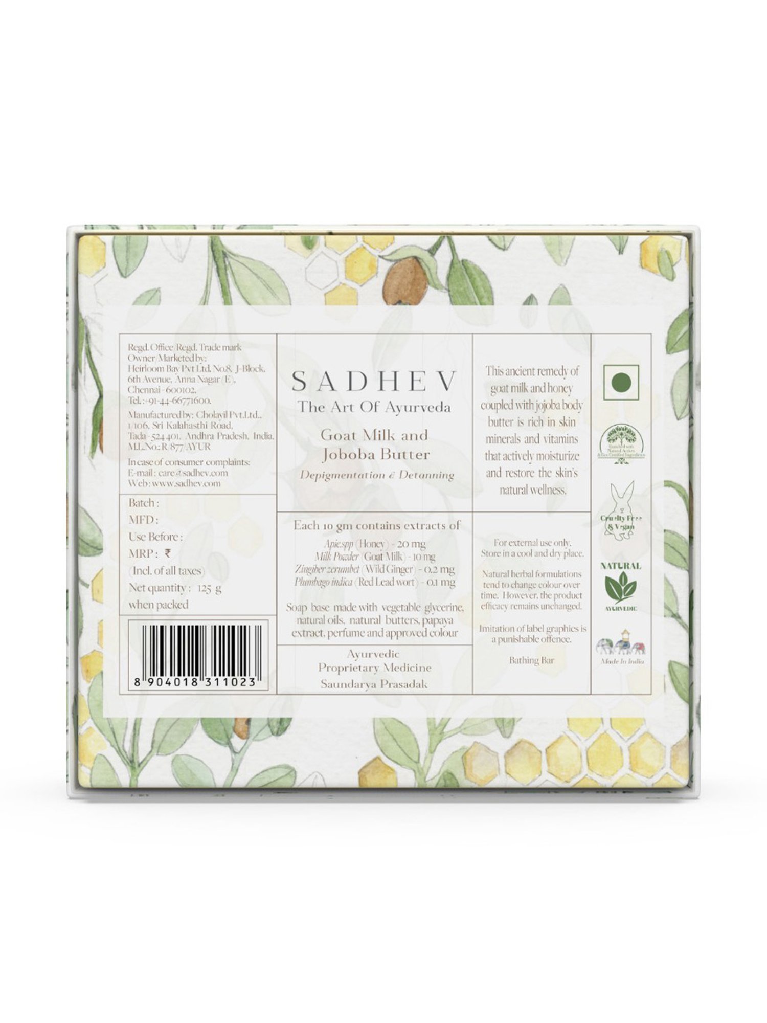 SADHEV The Art Of Ayurveda Goat Milk & Jojoba Butter Soap - 125 gm