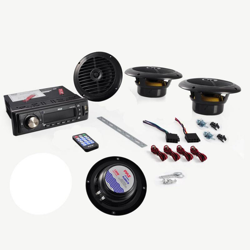 Pyle PLMRKT14BK Marine Receiver In Dash Stereo System with 2 Pairs of 6.5 Inch Waterproof Speakers and Full Function Remote Control, Black