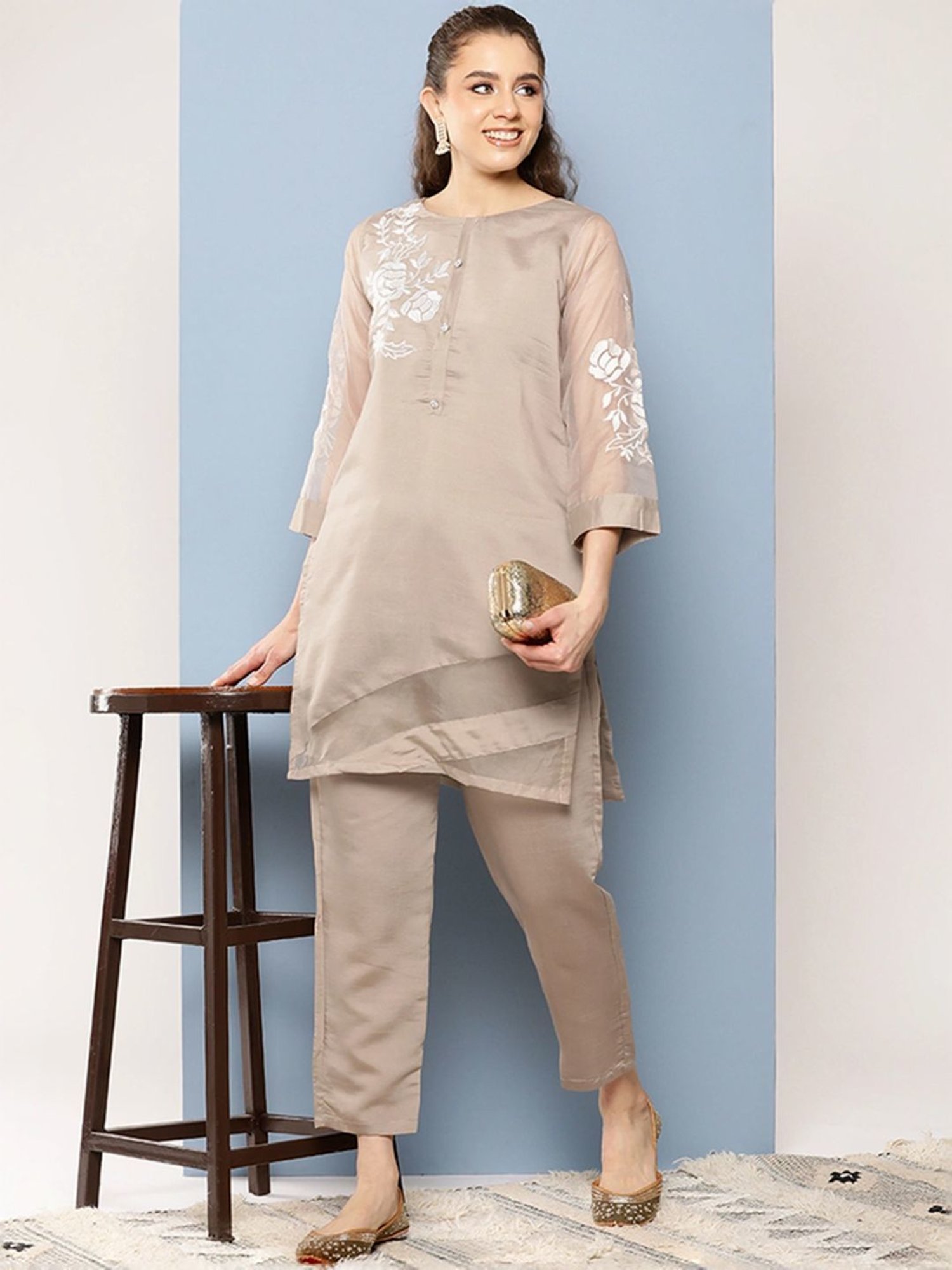 Aarika Beige Embroidered Kurti Pant Set