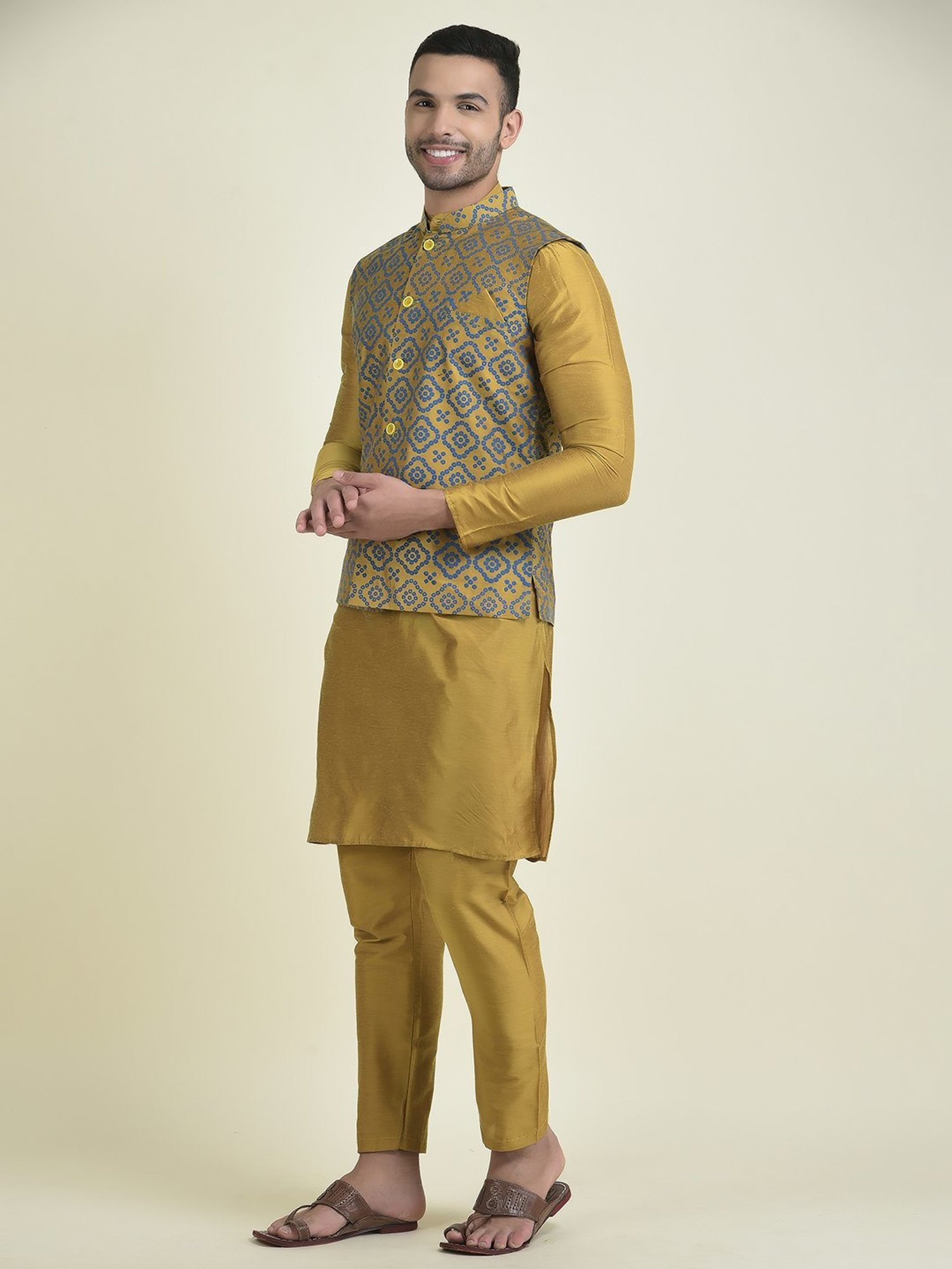 Deyann Yellow Regular Fit Printed Kurta Set With Jacket